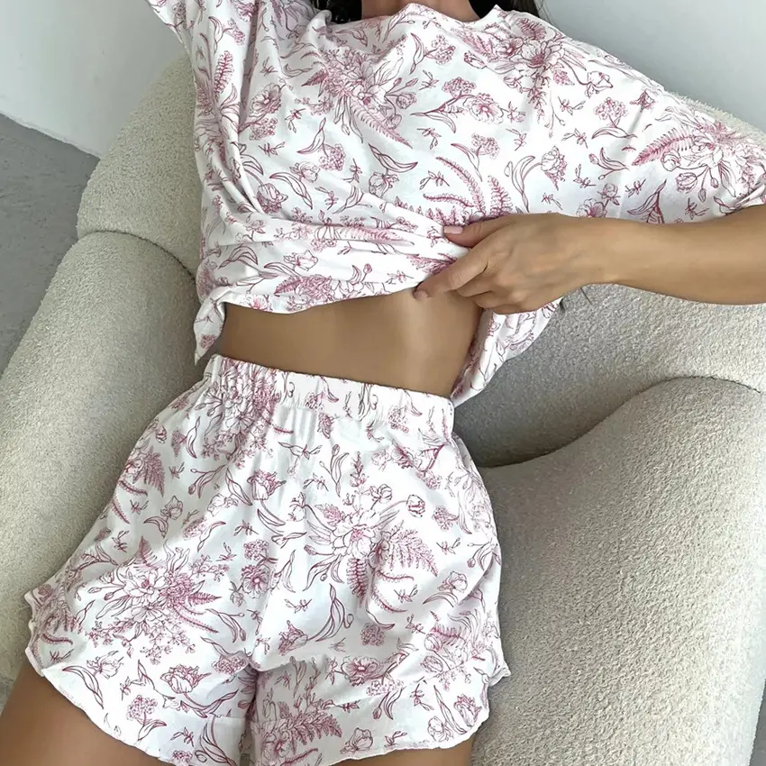 Women's Summer Pajamas Set Short Sleeve O Neck Floral Print Tops Shorts Sleepwear Sets