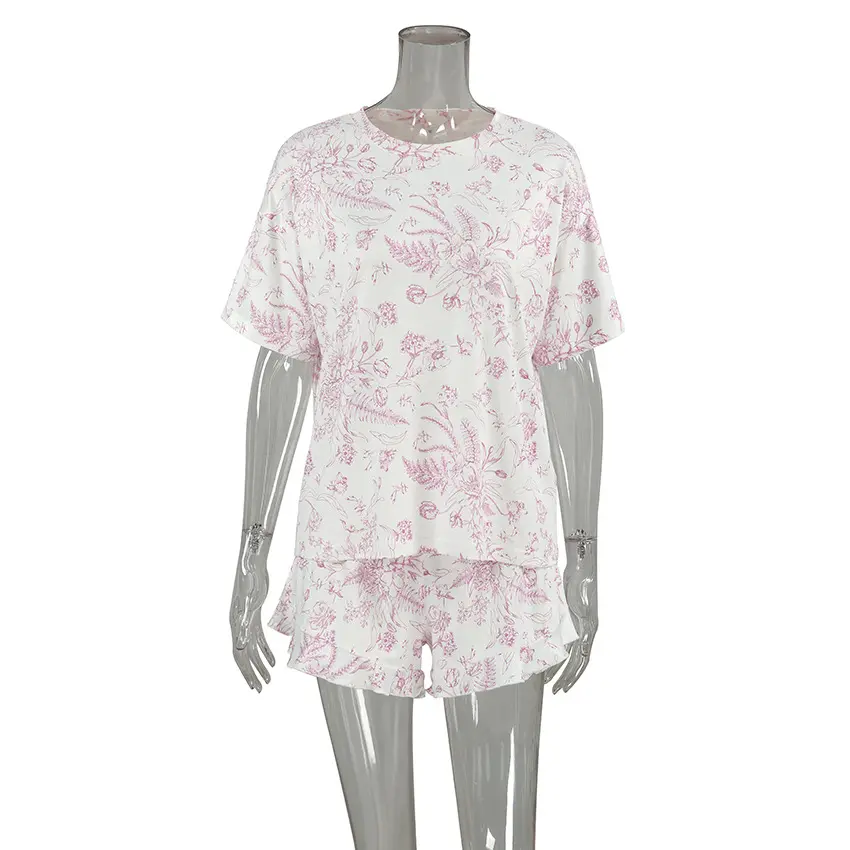 Women's Summer Pajamas Set Short Sleeve O Neck Floral Print Tops Shorts Sleepwear Sets