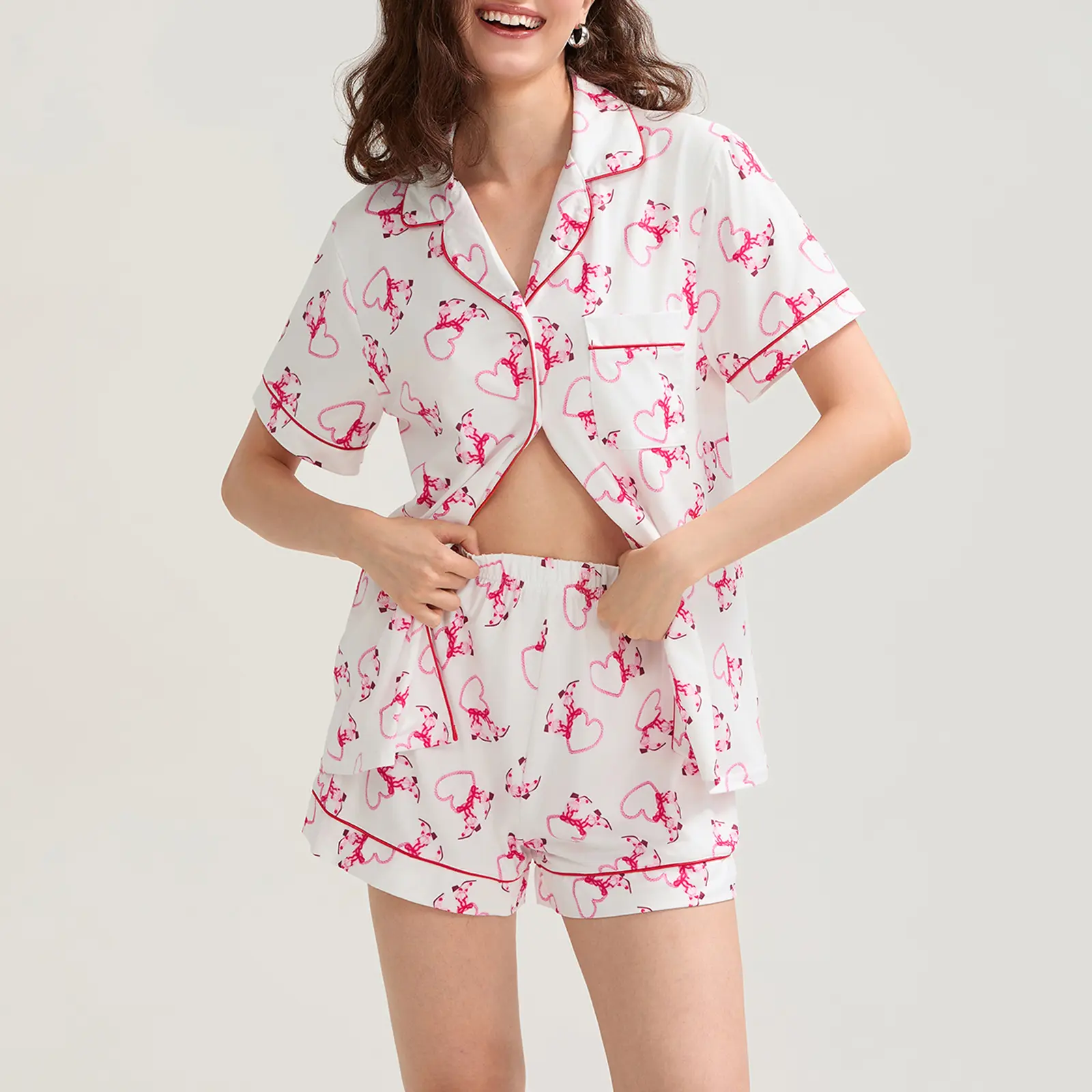 Women's Valentine's Day Lounge Set Short Sleeve Floral Heart Print Shirt Shorts Sleepwear Sets