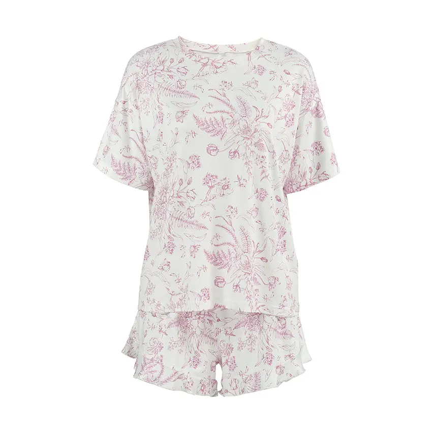 Women's Summer Pajamas Set Short Sleeve O Neck Floral Print Tops Shorts Sleepwear Sets