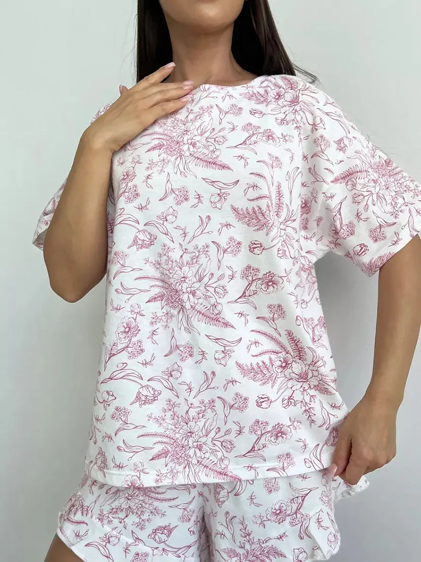 Women's Summer Pajamas Set Short Sleeve O Neck Floral Print Tops Shorts Sleepwear Sets