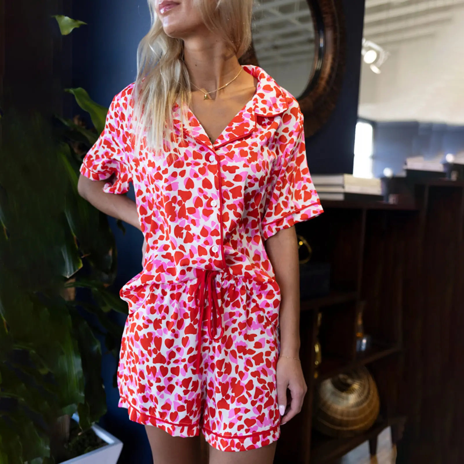 Women Pajamas Set Heart Print Button Short Sleeves Shirt and Drawstring Shorts for Loungewear Soft Sleepwear
