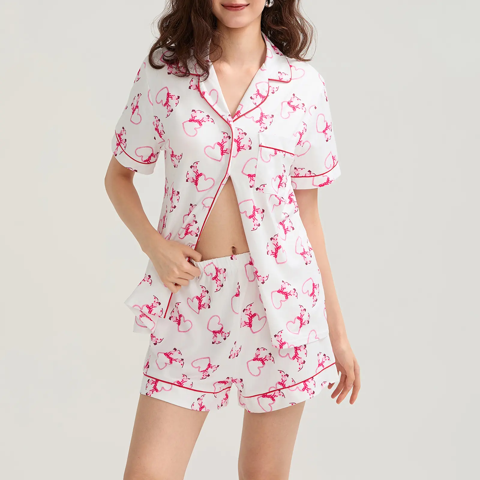 Women's Valentine's Day Lounge Set Short Sleeve Floral Heart Print Shirt Shorts Sleepwear Sets