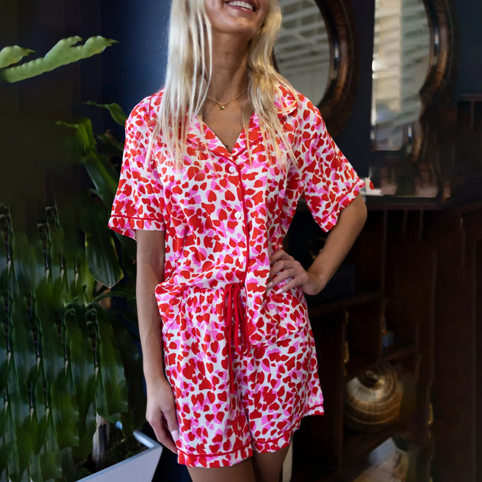 Women Pajamas Set Heart Print Button Short Sleeves Shirt and Drawstring Shorts for Loungewear Soft Sleepwear