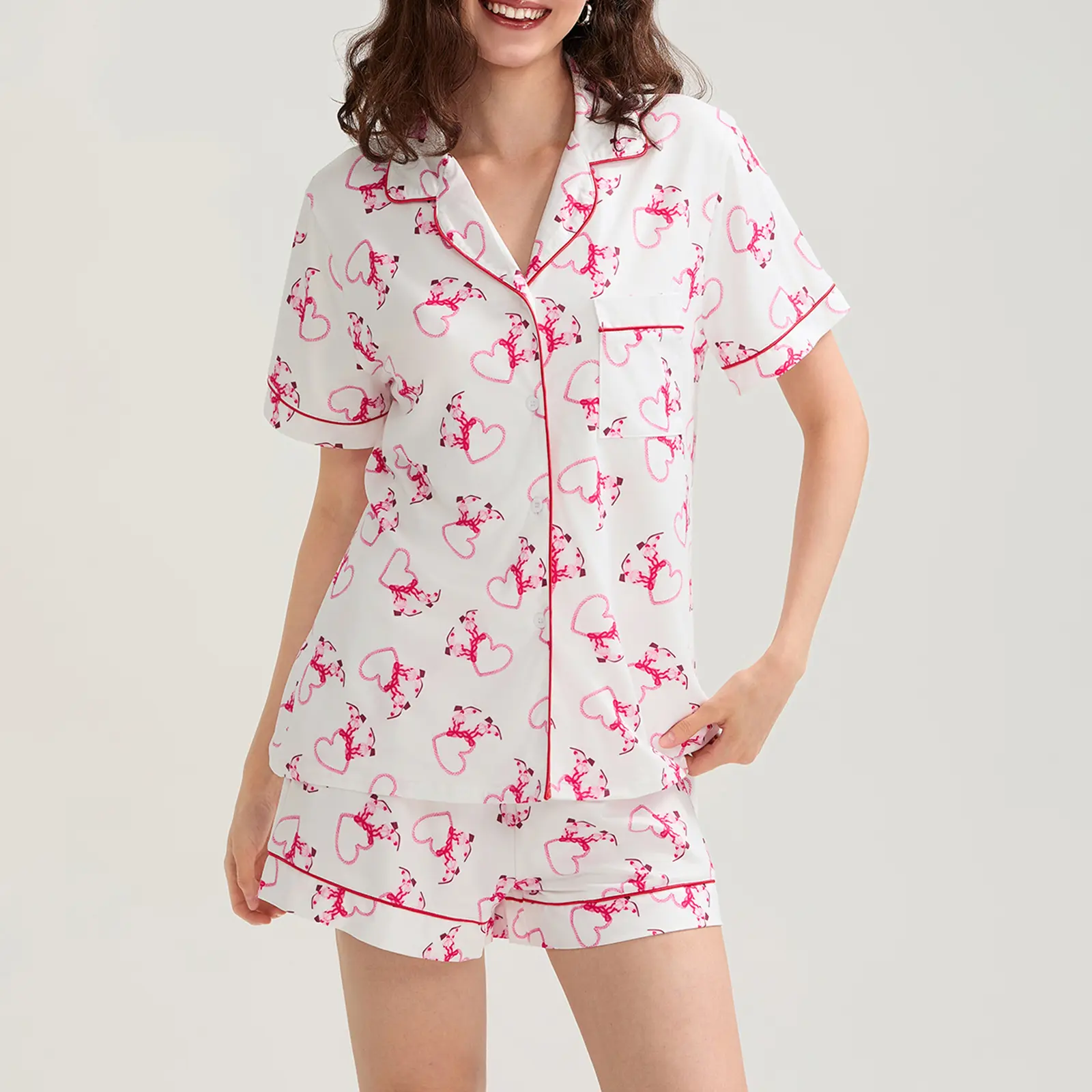 Women's Valentine's Day Lounge Set Short Sleeve Floral Heart Print Shirt Shorts Sleepwear Sets
