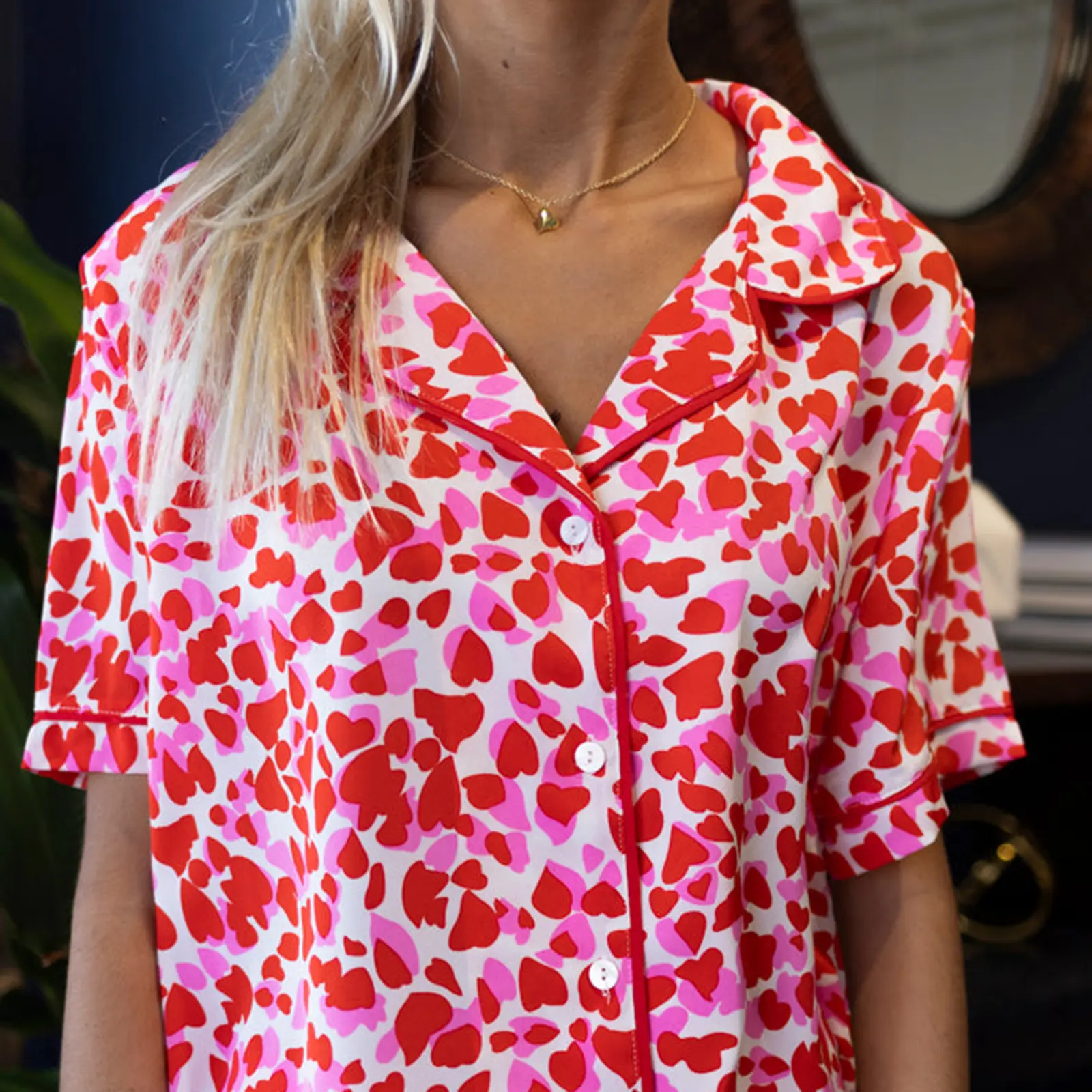 Women Pajamas Set Heart Print Button Short Sleeves Shirt and Drawstring Shorts for Loungewear Soft Sleepwear