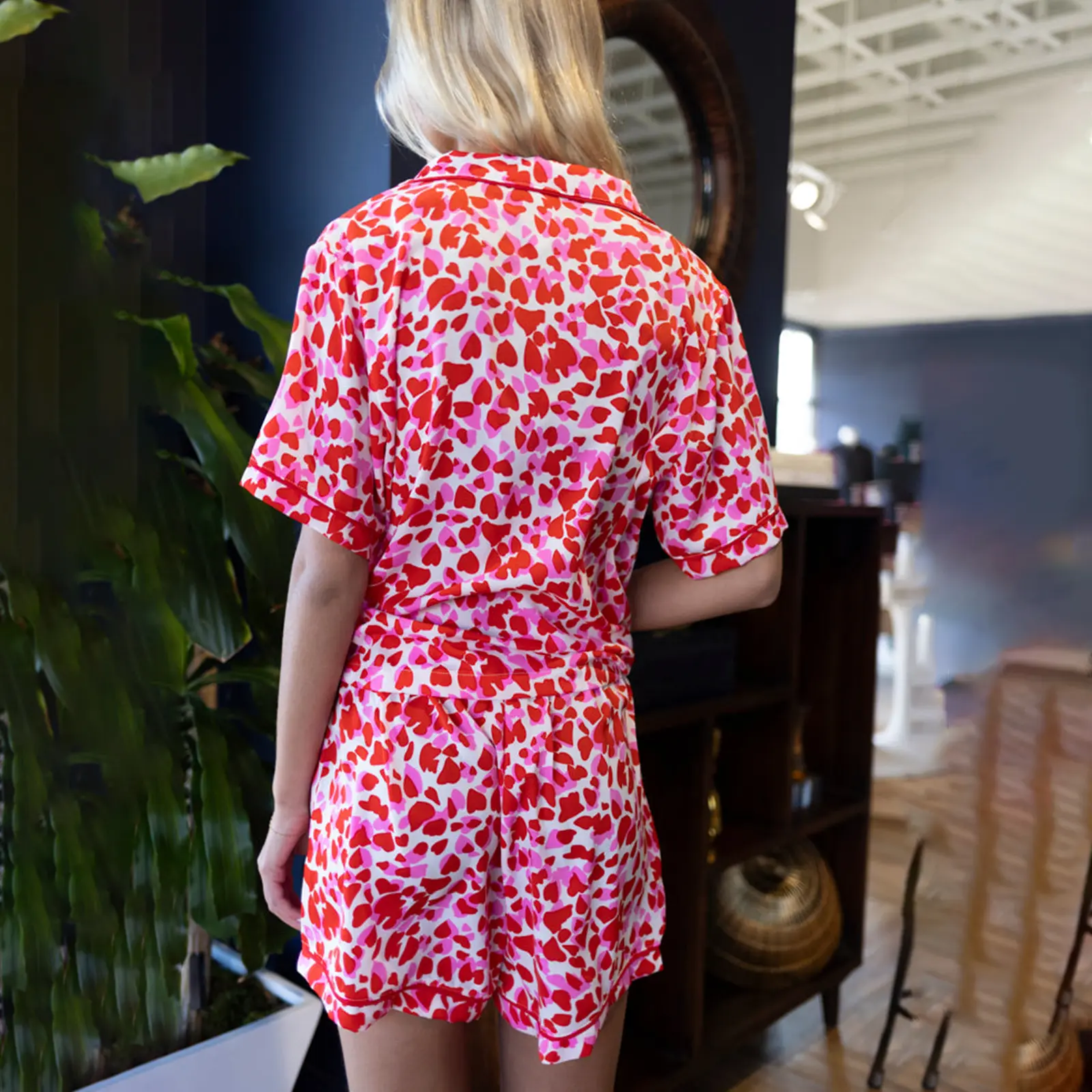 Women Pajamas Set Heart Print Button Short Sleeves Shirt and Drawstring Shorts for Loungewear Soft Sleepwear