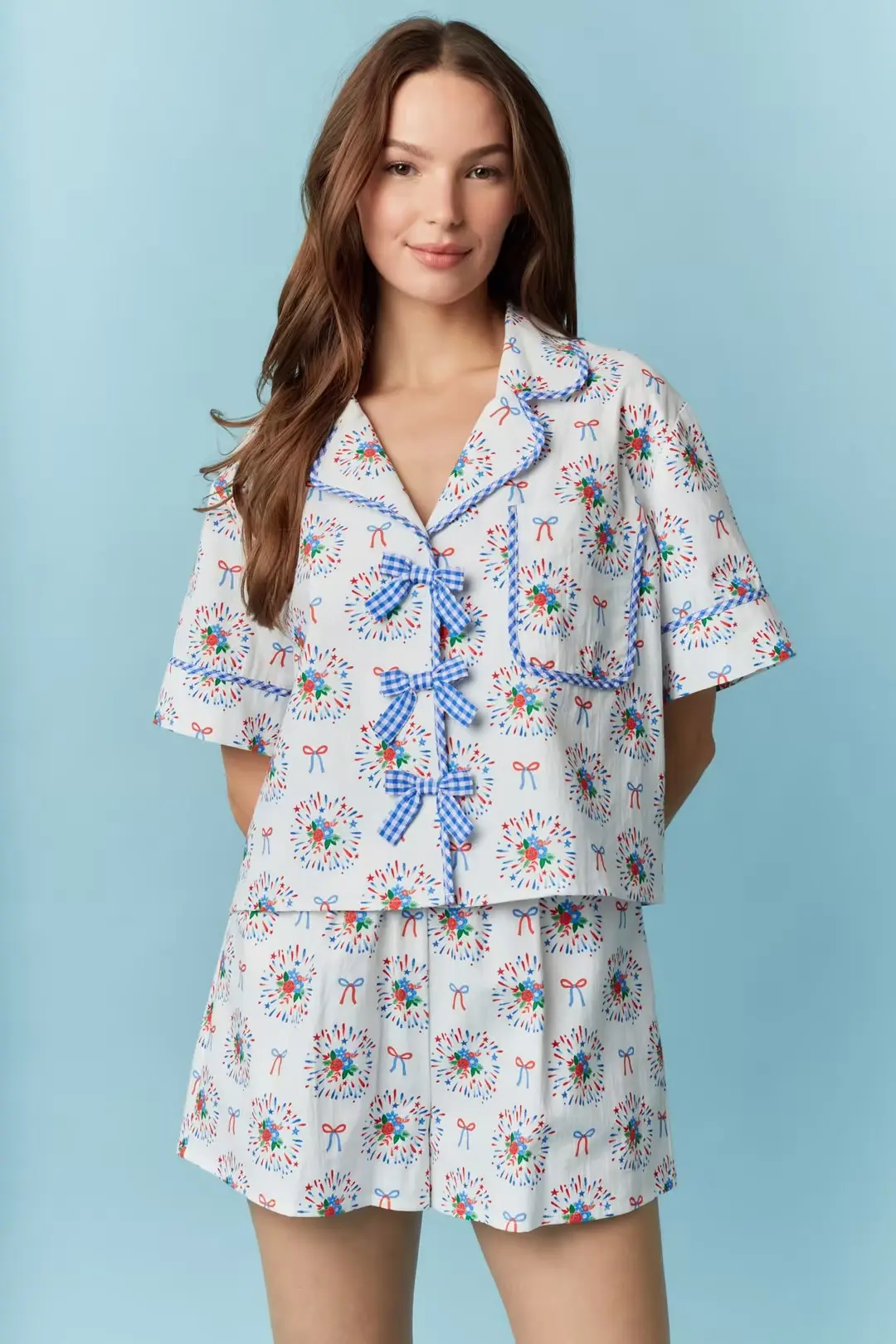 Women’s 2 Piece Pajamas Set Cute Short Sleeve Bow Front Shirt + Elastic Waist Shorts Set Lounge Clothes