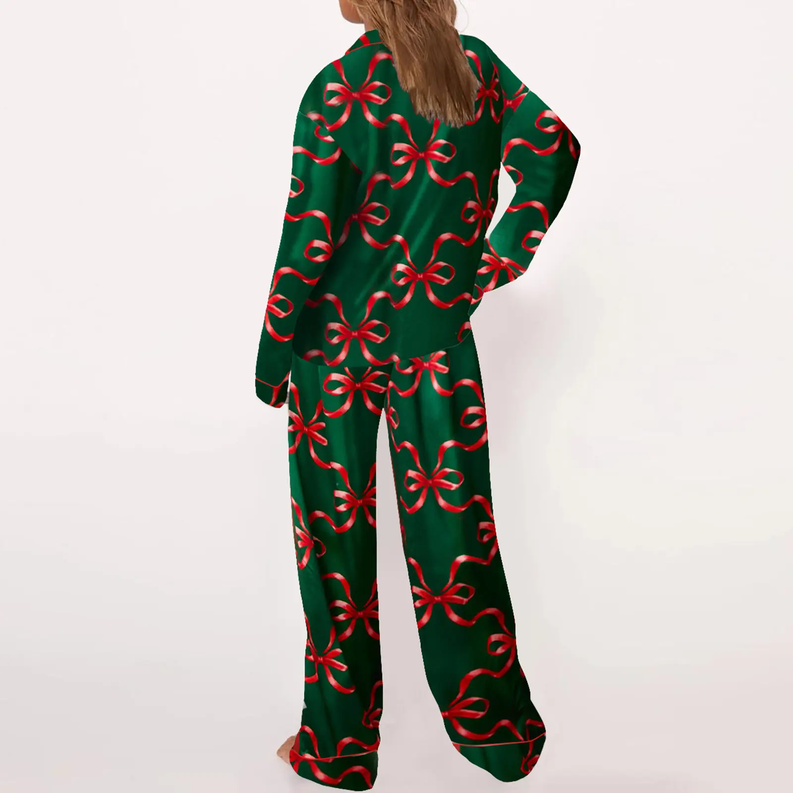 Women Christmas Pajamas Set 2 Pieces Loungewear Suits Bow/Santa/Tree Print Long Sleeve Shirts Tops and Pants Sleepwear Outfits