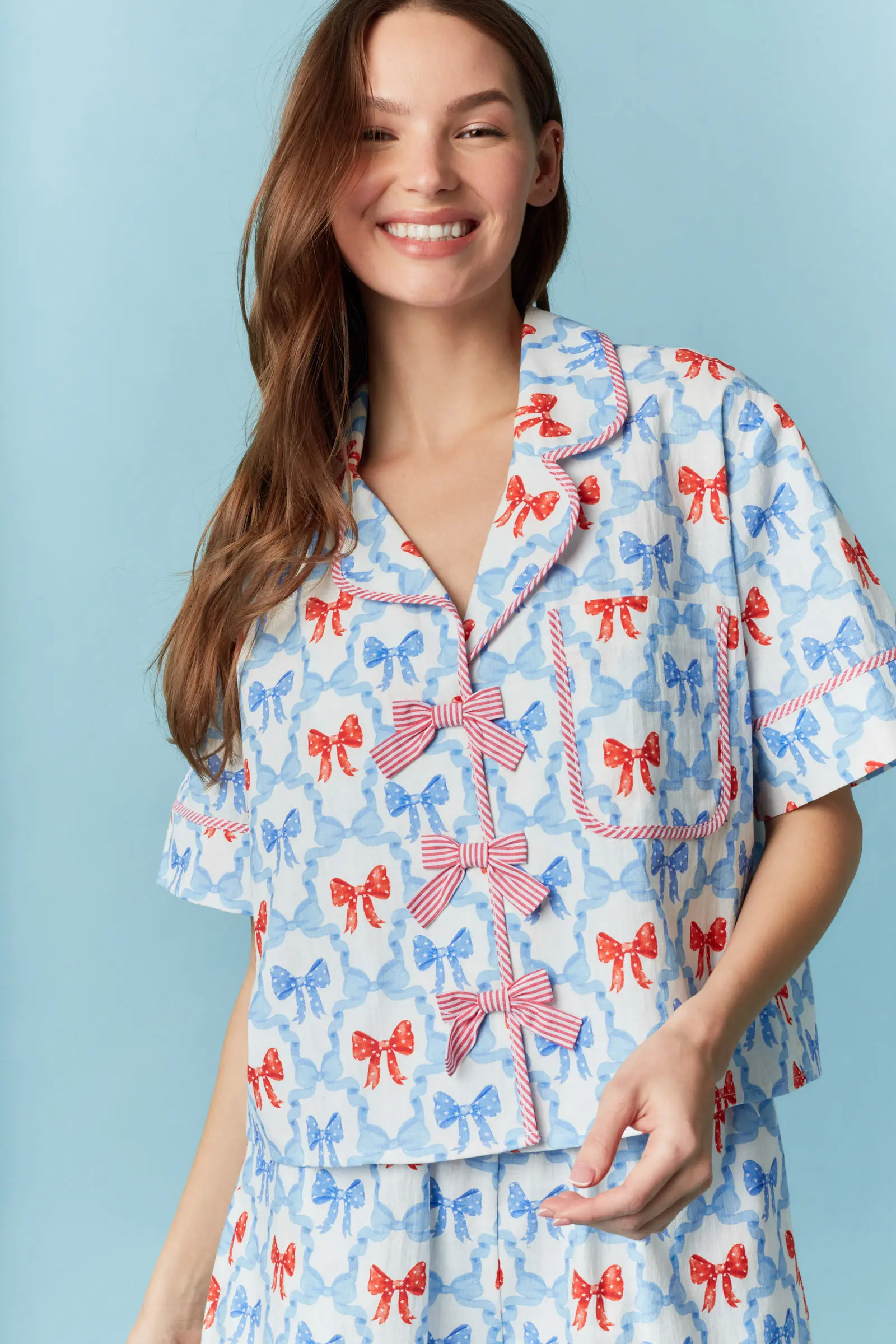 Women’s 2 Piece Pajamas Set Cute Short Sleeve Bow Front Shirt + Elastic Waist Shorts Set Lounge Clothes