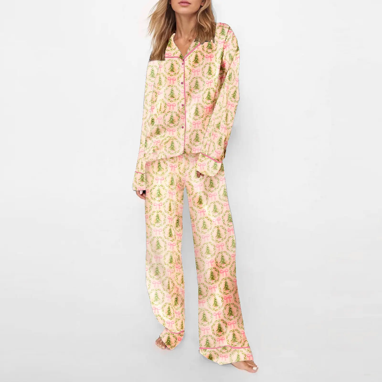 Women Christmas Pajamas Set 2 Pieces Loungewear Suits Bow/Santa/Tree Print Long Sleeve Shirts Tops and Pants Sleepwear Outfits