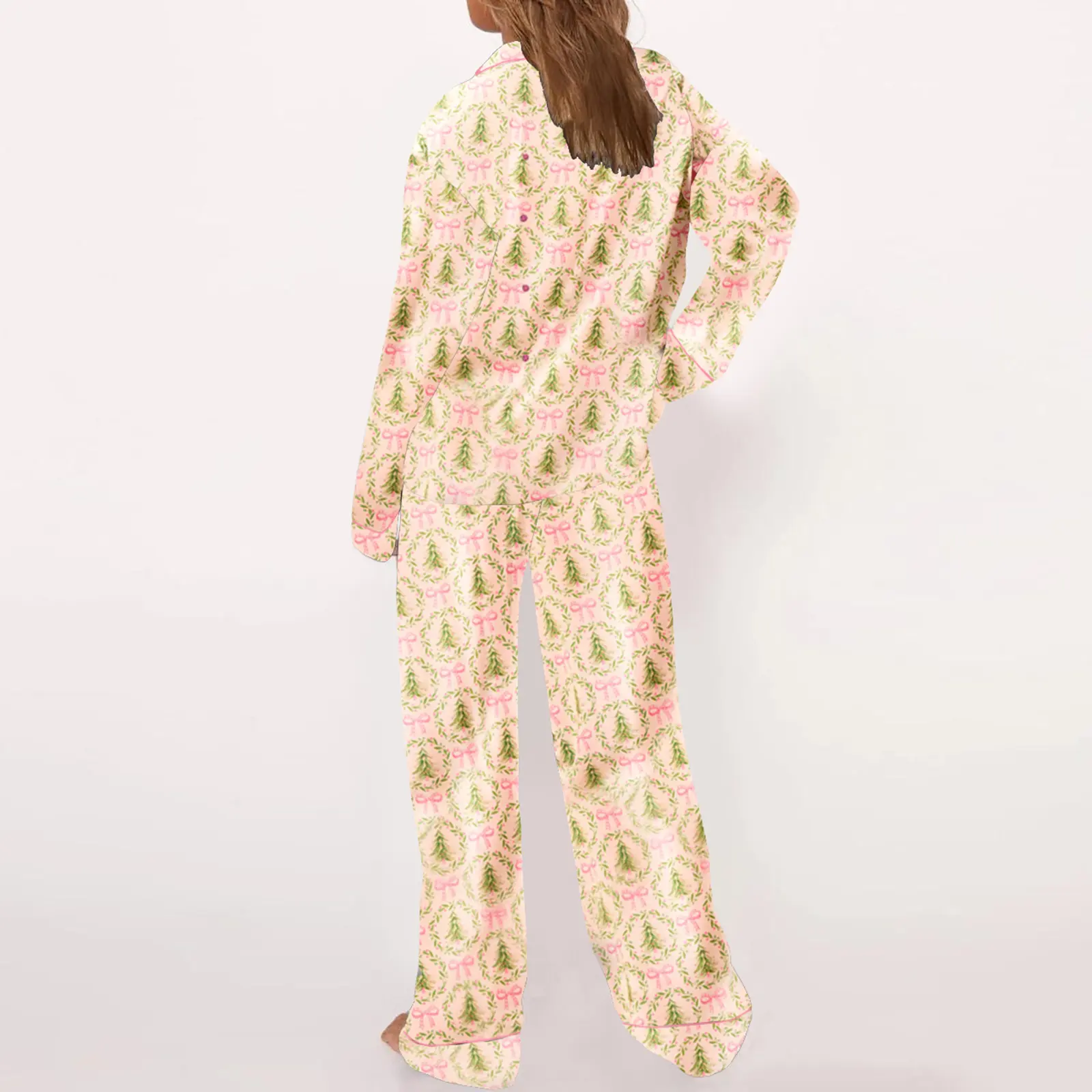 Women Christmas Pajamas Set 2 Pieces Loungewear Suits Bow/Santa/Tree Print Long Sleeve Shirts Tops and Pants Sleepwear Outfits