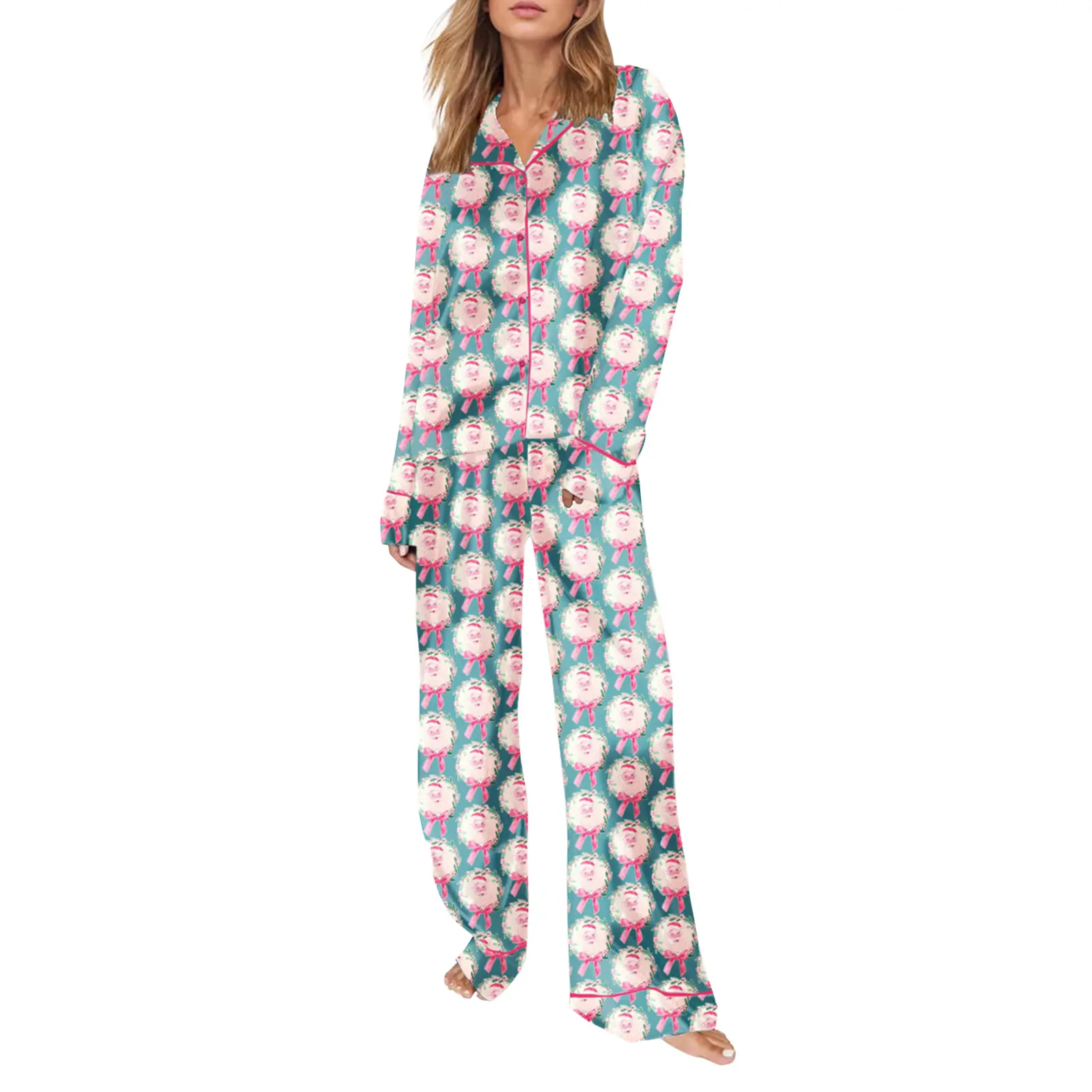 Women Christmas Pajamas Set 2 Pieces Loungewear Suits Bow/Santa/Tree Print Long Sleeve Shirts Tops and Pants Sleepwear Outfits