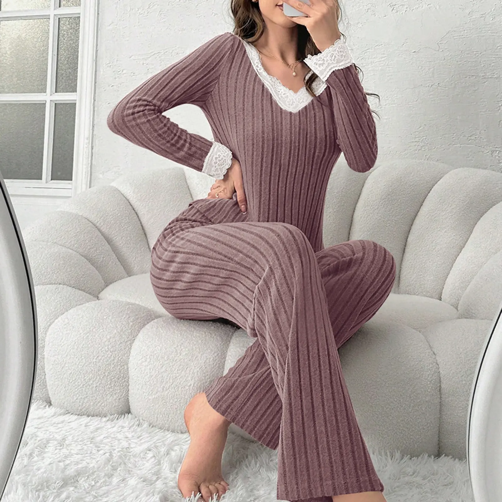 Women's Fall Loungewear Set Lace Patchwork Long Sleeve V-Neck Tops and Long Pants Sleepwear