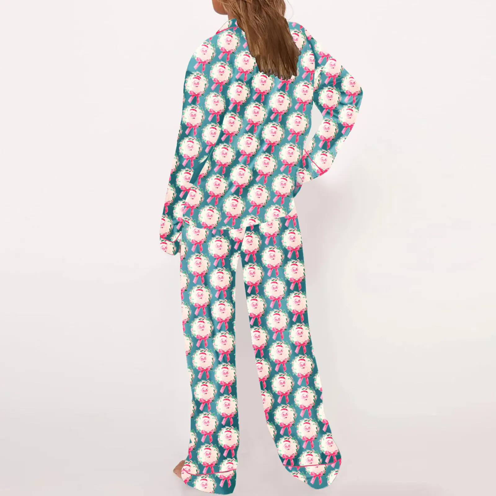 Women Christmas Pajamas Set 2 Pieces Loungewear Suits Bow/Santa/Tree Print Long Sleeve Shirts Tops and Pants Sleepwear Outfits