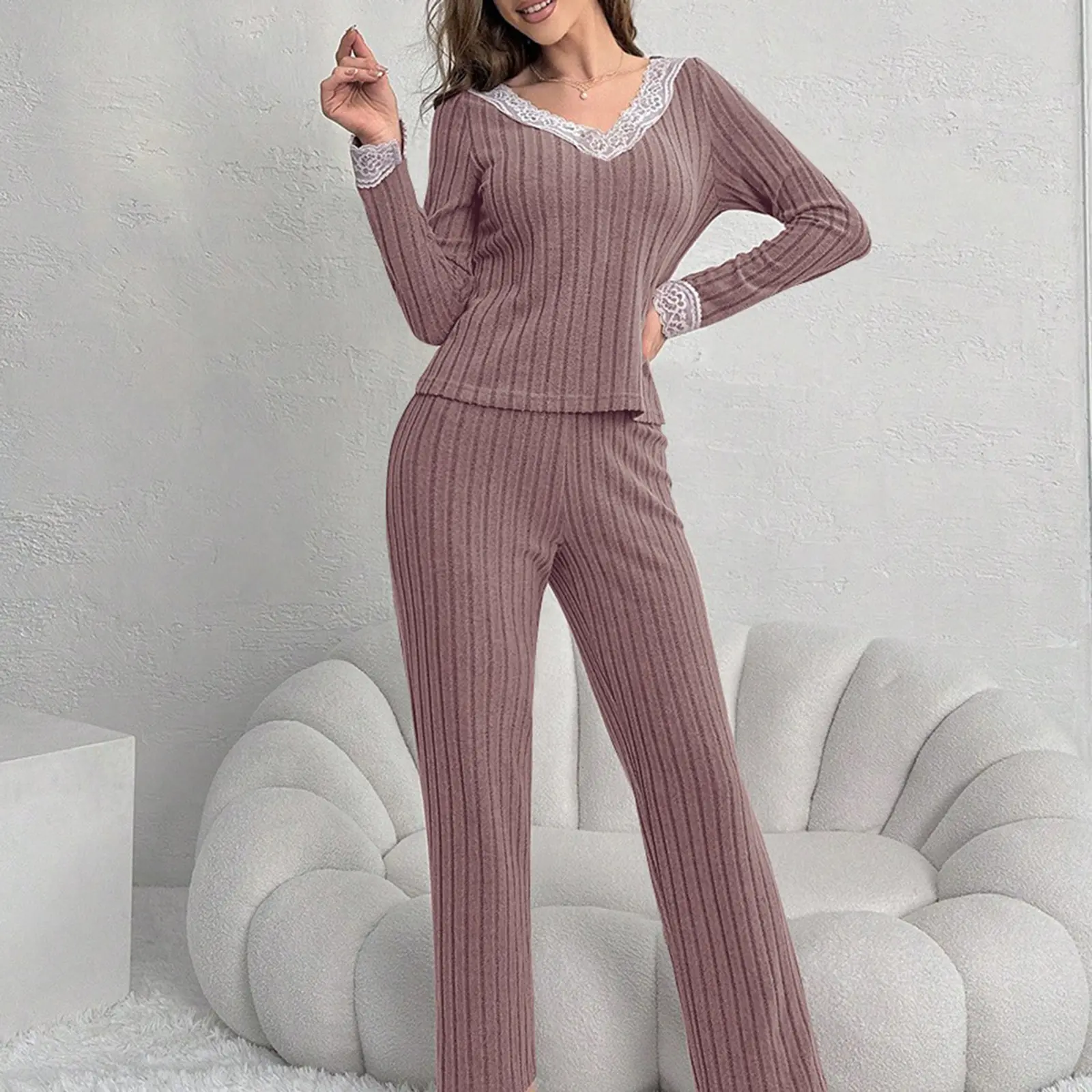 Women's Fall Loungewear Set Lace Patchwork Long Sleeve V-Neck Tops and Long Pants Sleepwear