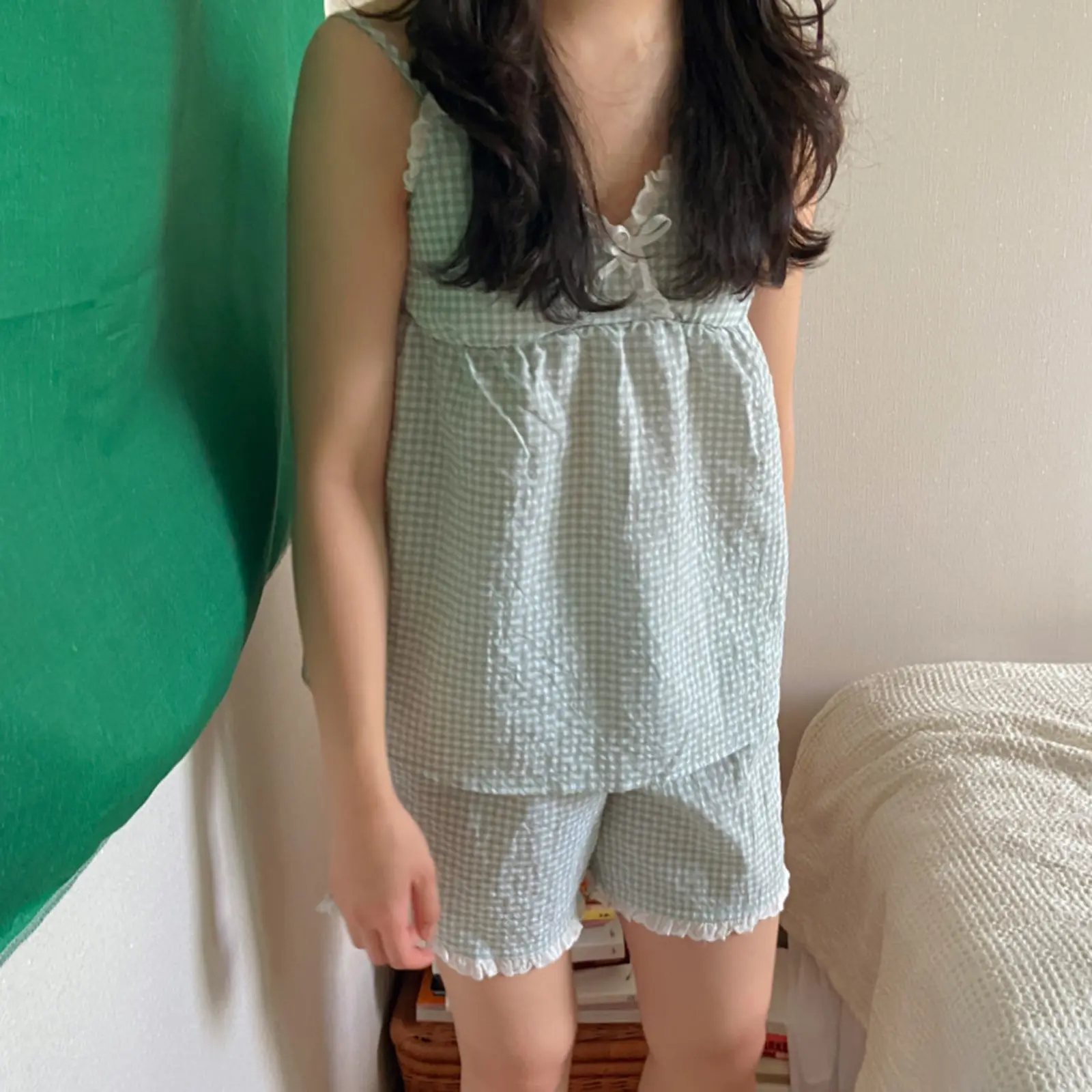 Women Casual Sweet Plaid Pajama Set, Vintage Lace Trim V-neck Backless Camisole with Shorts Sleepwear Loungewear