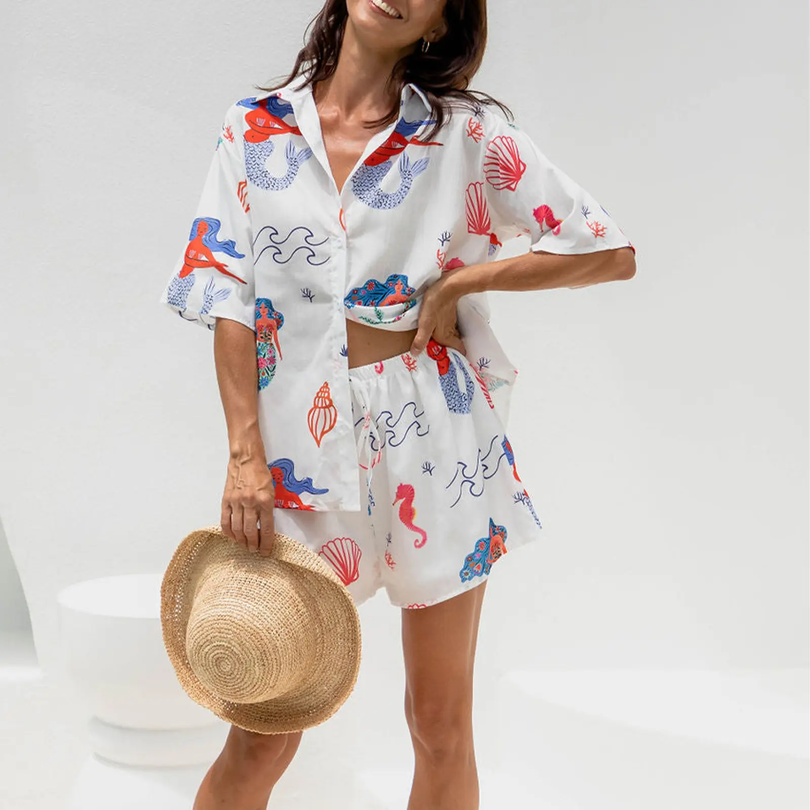 New Women's Summer Casual Outfits Mermaid Print Short Sleeve Button Down Tops with Loose Shorts Set Streetwear
