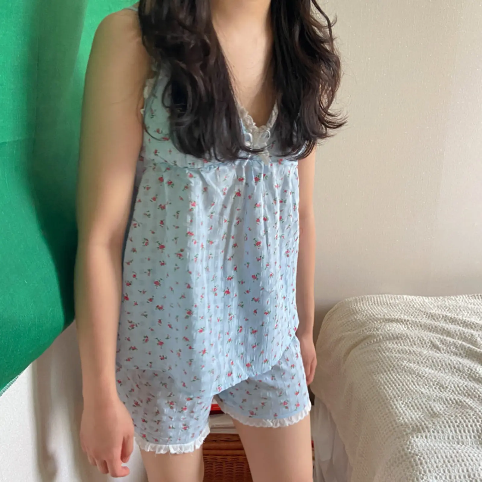 Women Casual Sweet Plaid Pajama Set, Vintage Lace Trim V-neck Backless Camisole with Shorts Sleepwear Loungewear