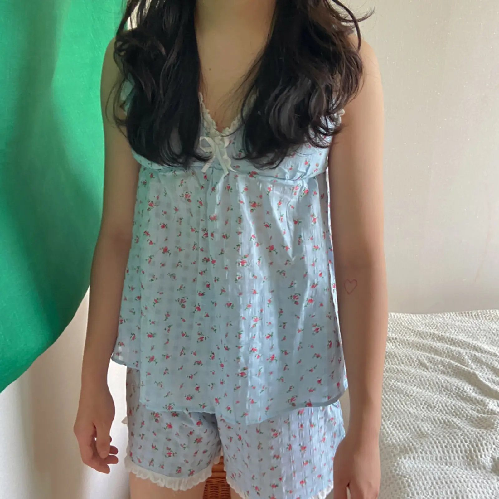 Women Casual Sweet Plaid Pajama Set, Vintage Lace Trim V-neck Backless Camisole with Shorts Sleepwear Loungewear