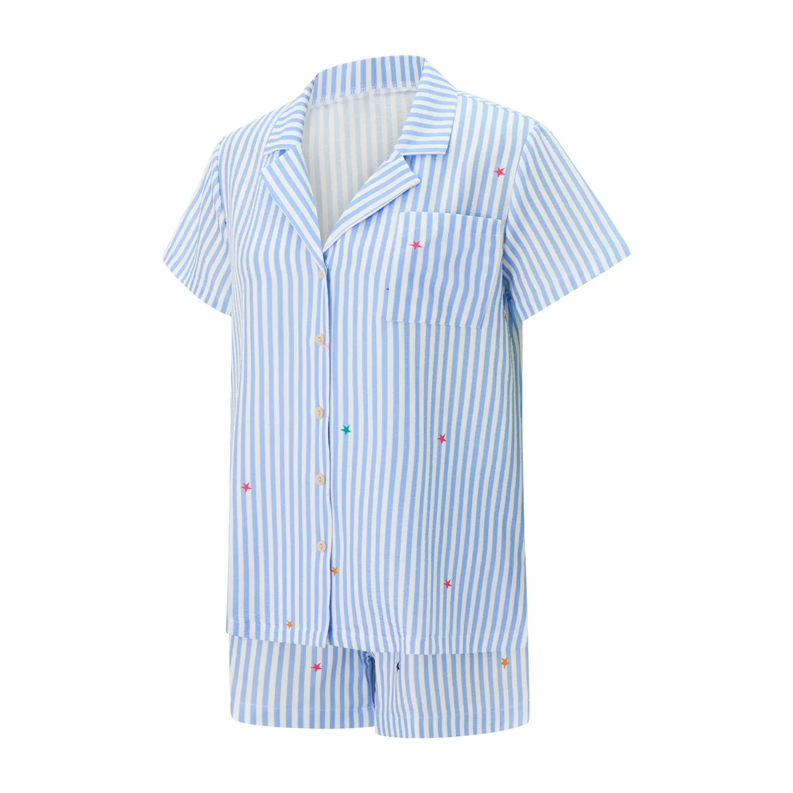 Women's Summer Shorts Outfits Stripe Print Short Sleeve Lapel Tops with Elastic Waist Shorts Set Streetwear