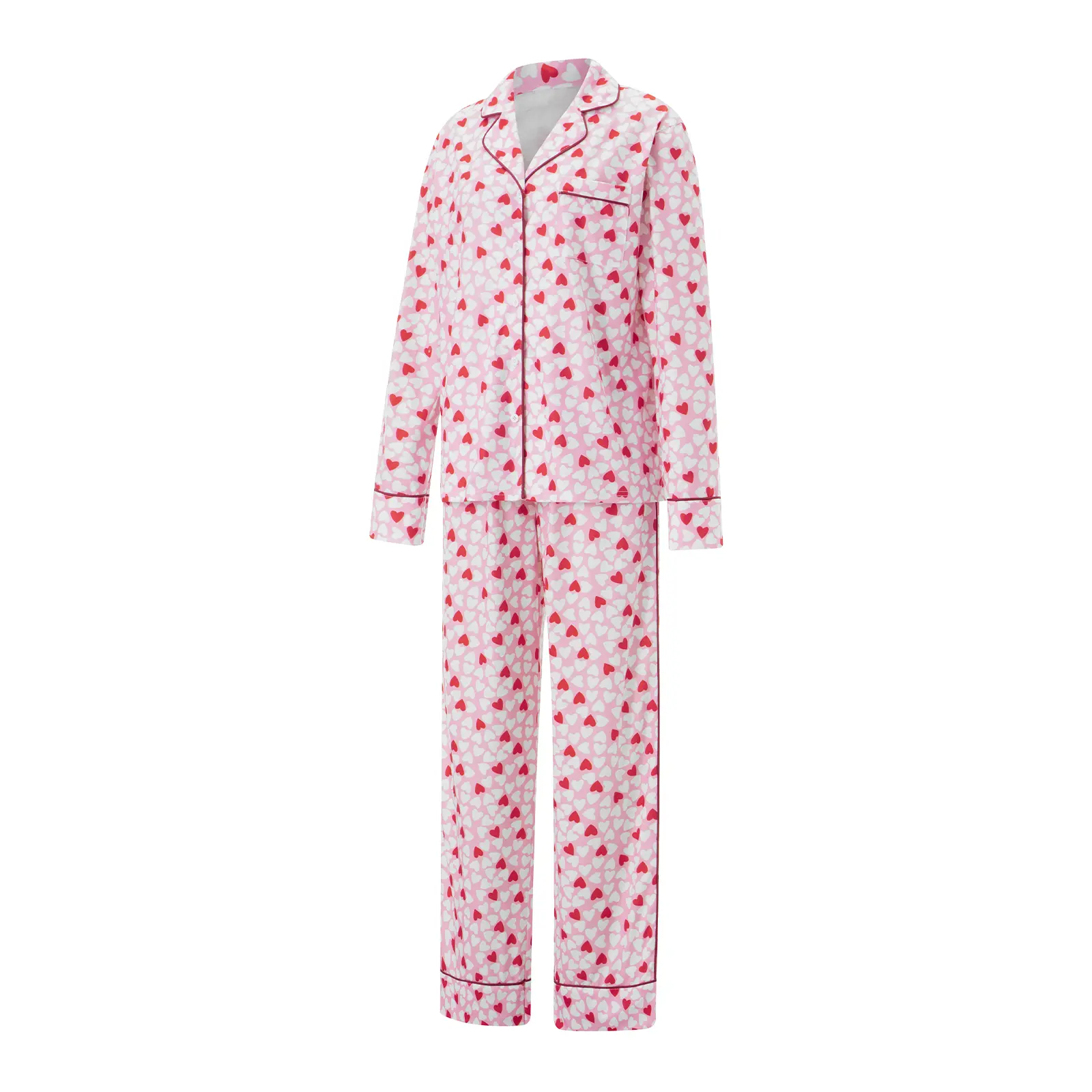 Womens Heart Pajama Set Long Sleeve Button-up Tops Elastic Waist Long Pants 2 Piece Sleepwear Outfits