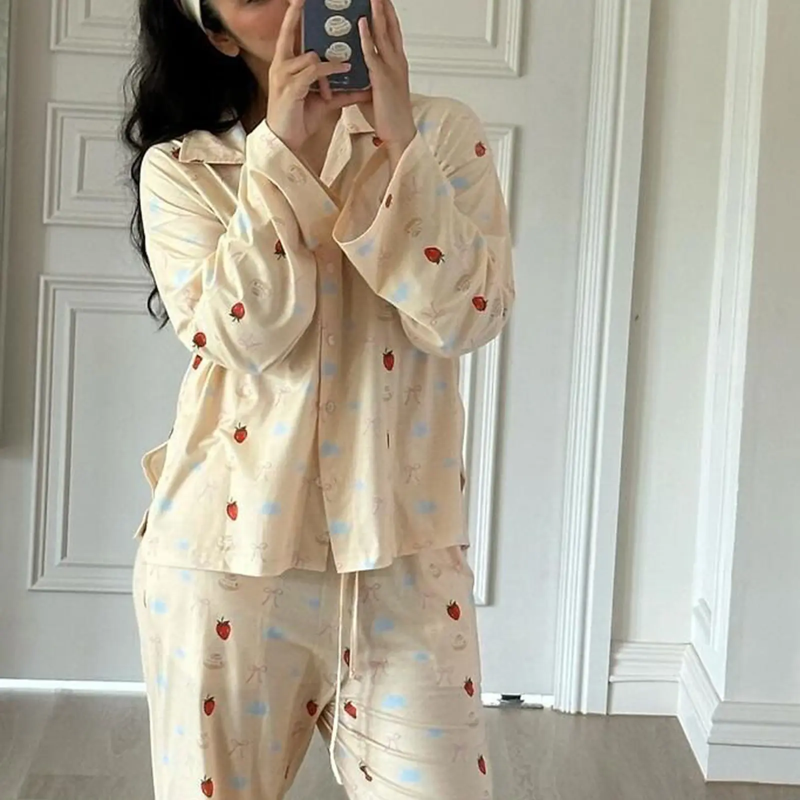 Women 2-Piece Pajama Set Lapel Neck Button-up Long Sleeve Tops Long Pants Strawberry/Butterfly Print Loungewear Outfit