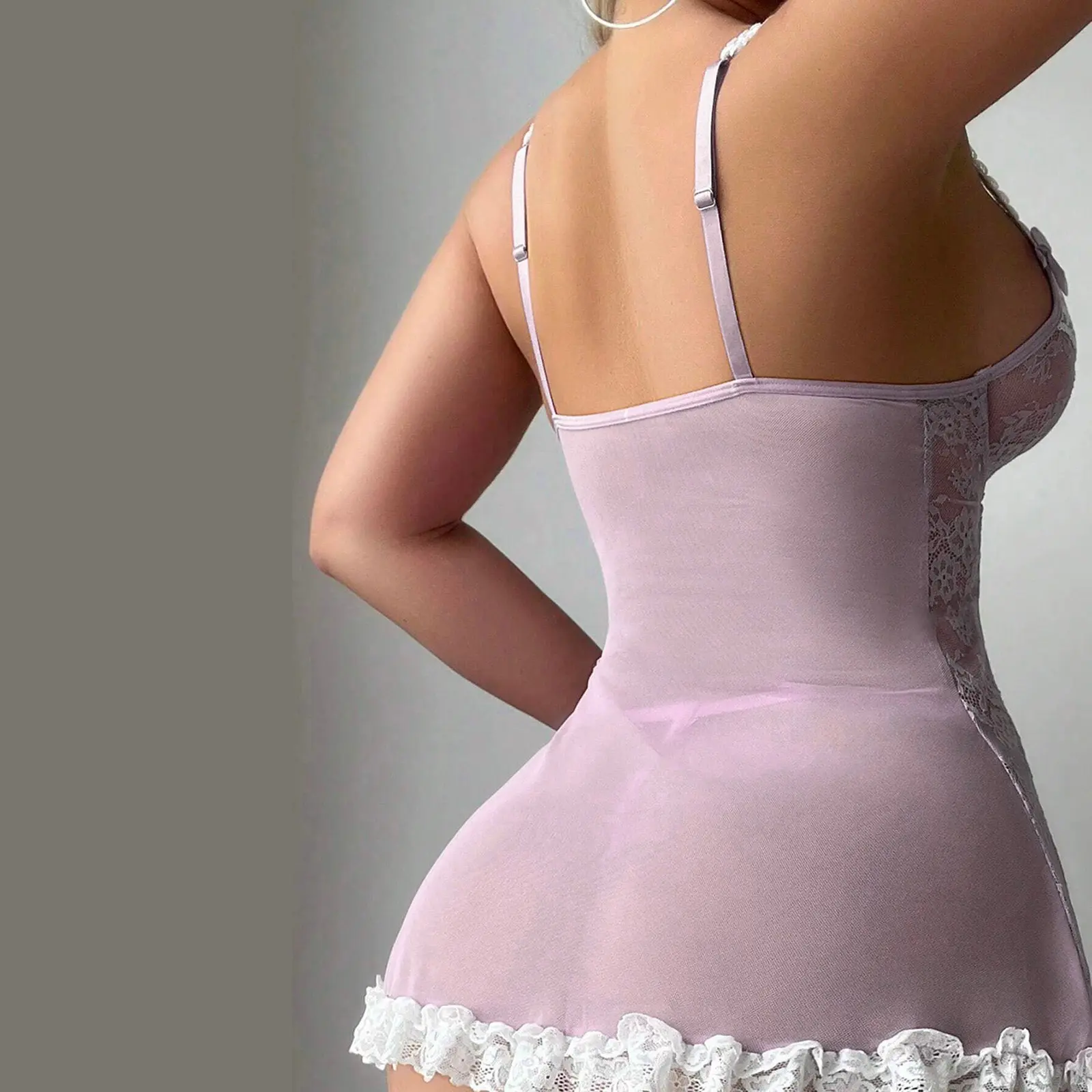 Women Lingerie Nightdress Lace Floral Sheer Low Cut Spaghetti Strap Dress with Thong and Fishnet Thigh Socks