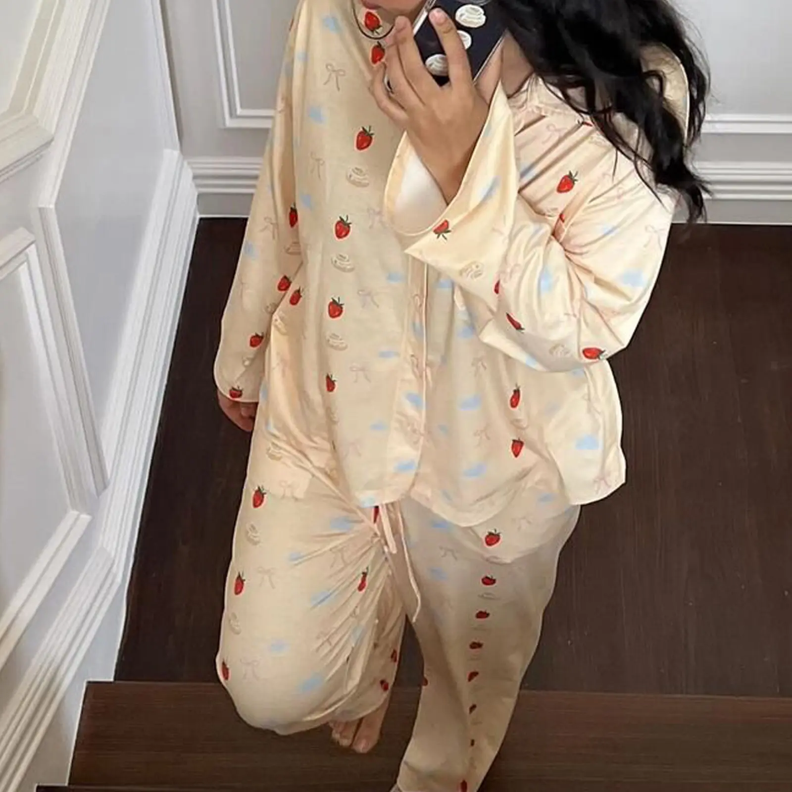 Women 2-Piece Pajama Set Lapel Neck Button-up Long Sleeve Tops Long Pants Strawberry/Butterfly Print Loungewear Outfit