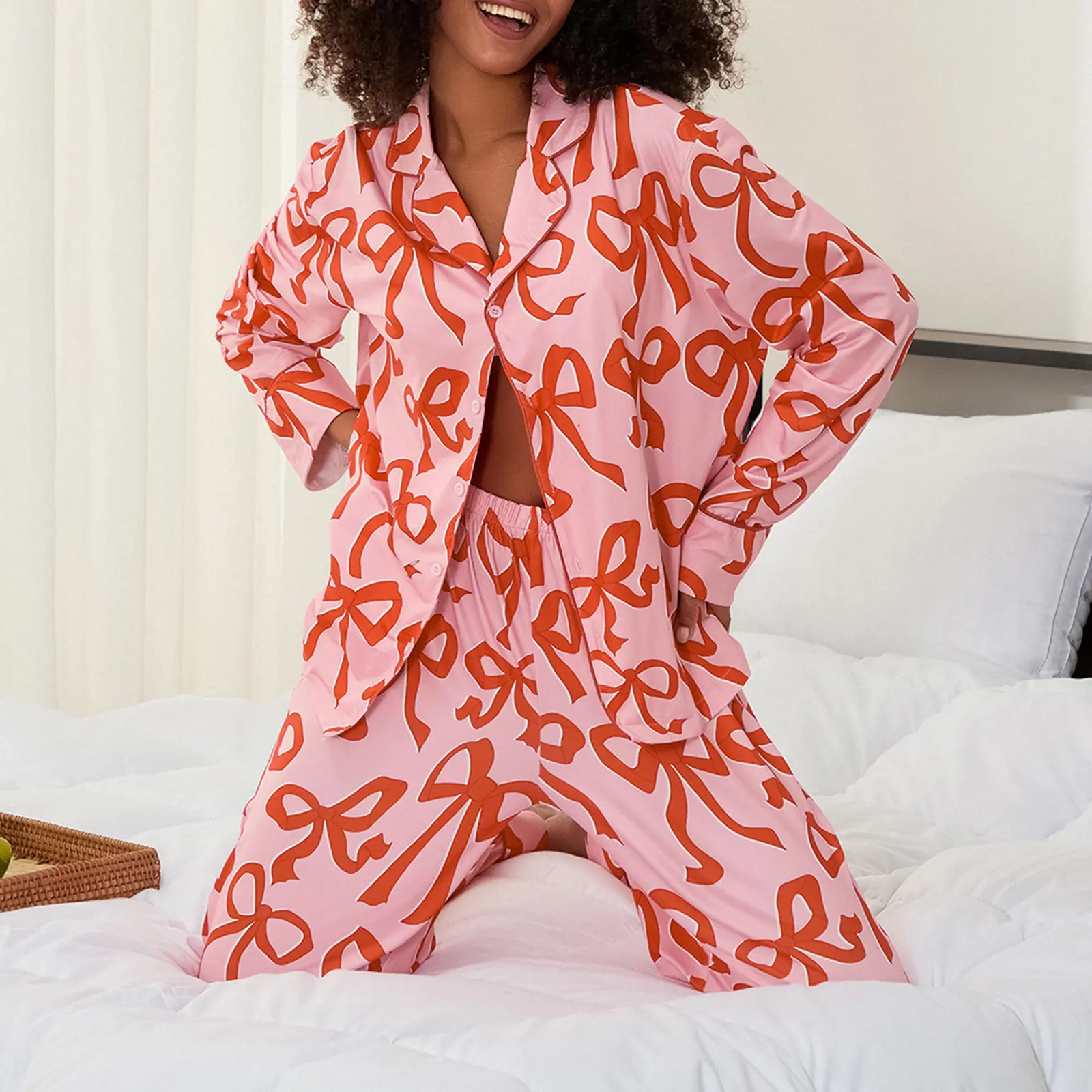 Women's 2 Piece Pajama Set Long Sleeve Lapel Button Up Shirt Tops Bow Print Pants Sleepwear Sets