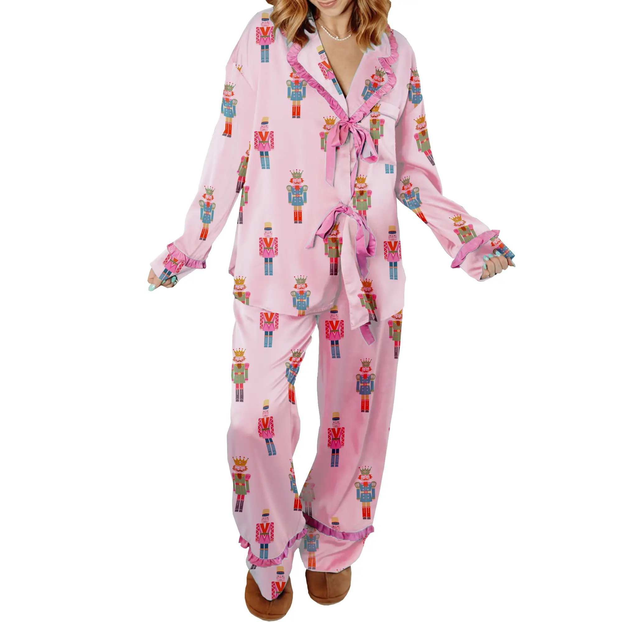 Women Ruffled Pajama Set Cartoon Print Lapel Neck Tie-up Long Sleeve Tops Long Pants 2-Piece Loungewear Outfit