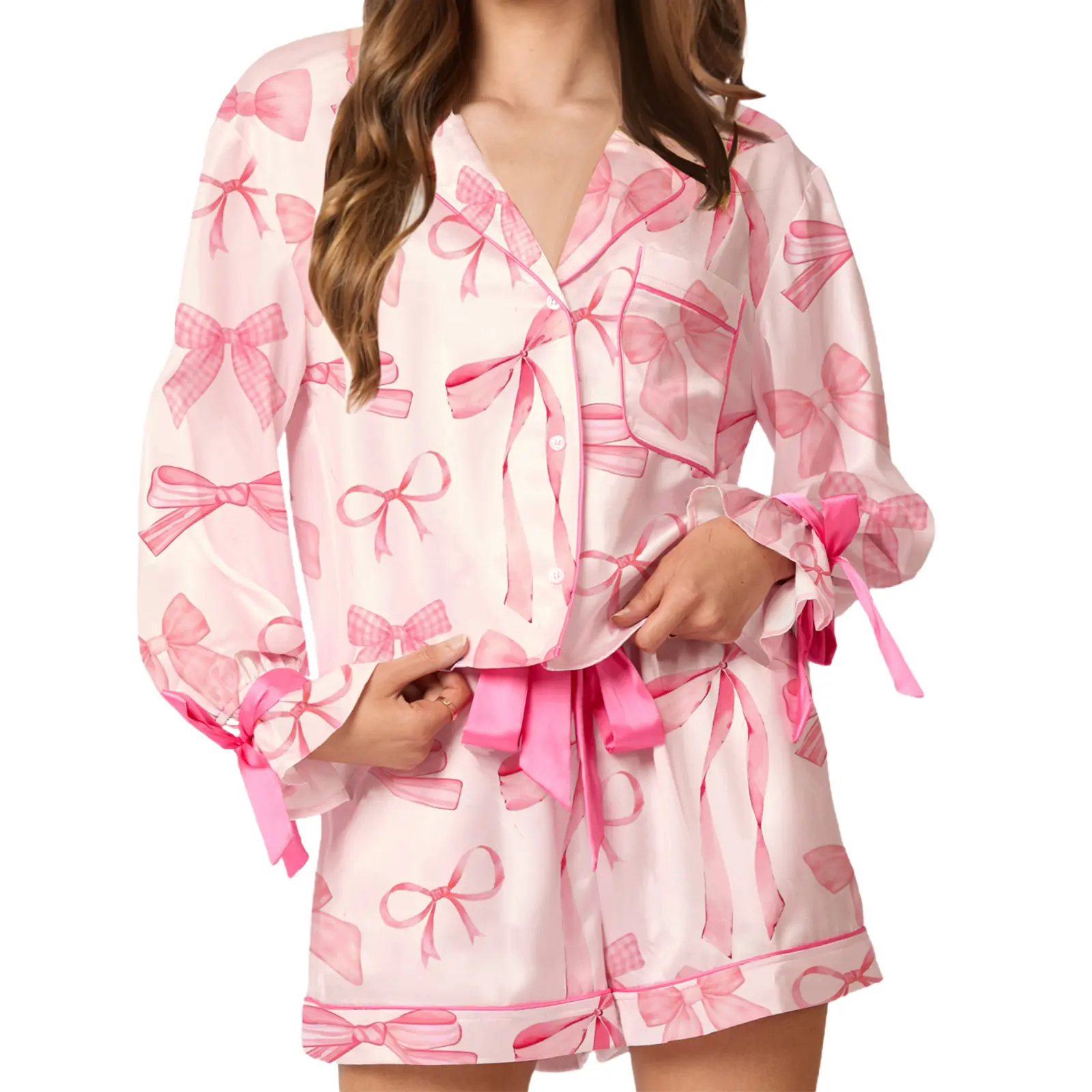 Women's Bow Print Pajama Set Long Sleeve Lapel Button Up Tops Shorts Sleepwear Sets