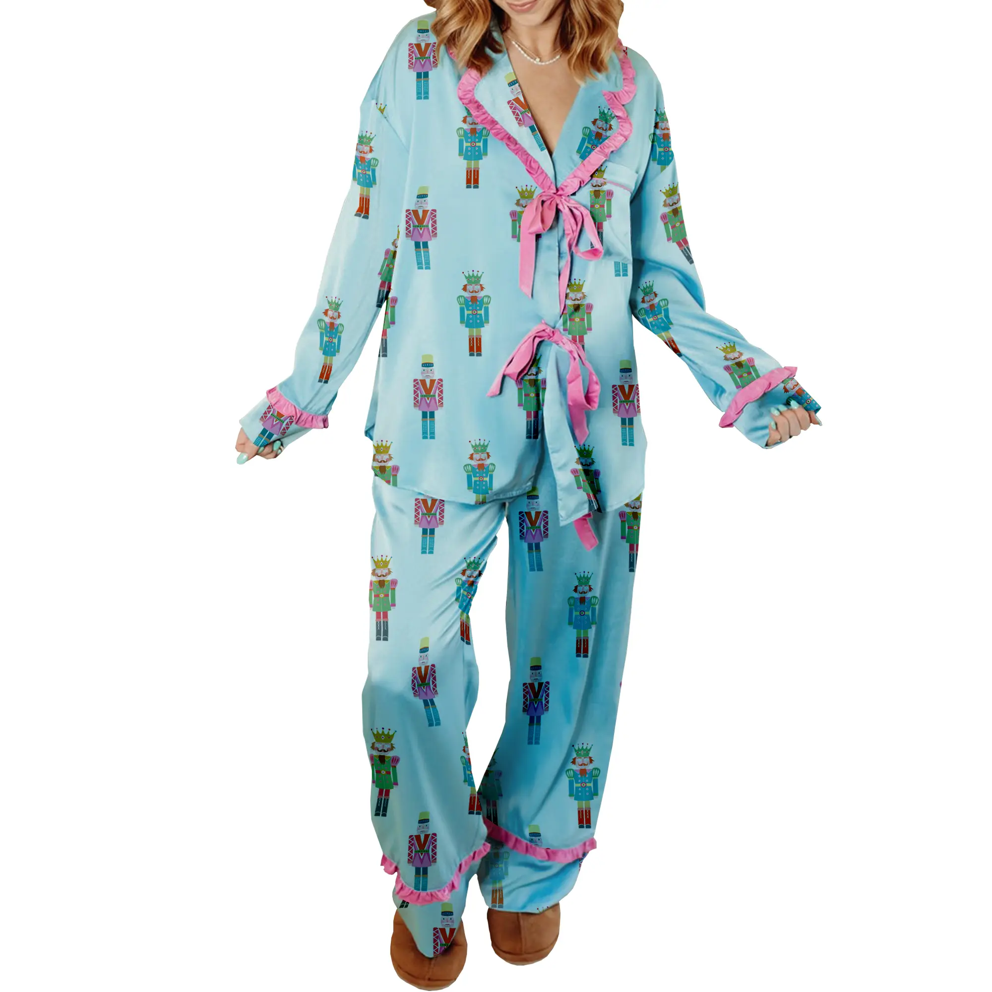 Women Ruffled Pajama Set Cartoon Print Lapel Neck Tie-up Long Sleeve Tops Long Pants 2-Piece Loungewear Outfit