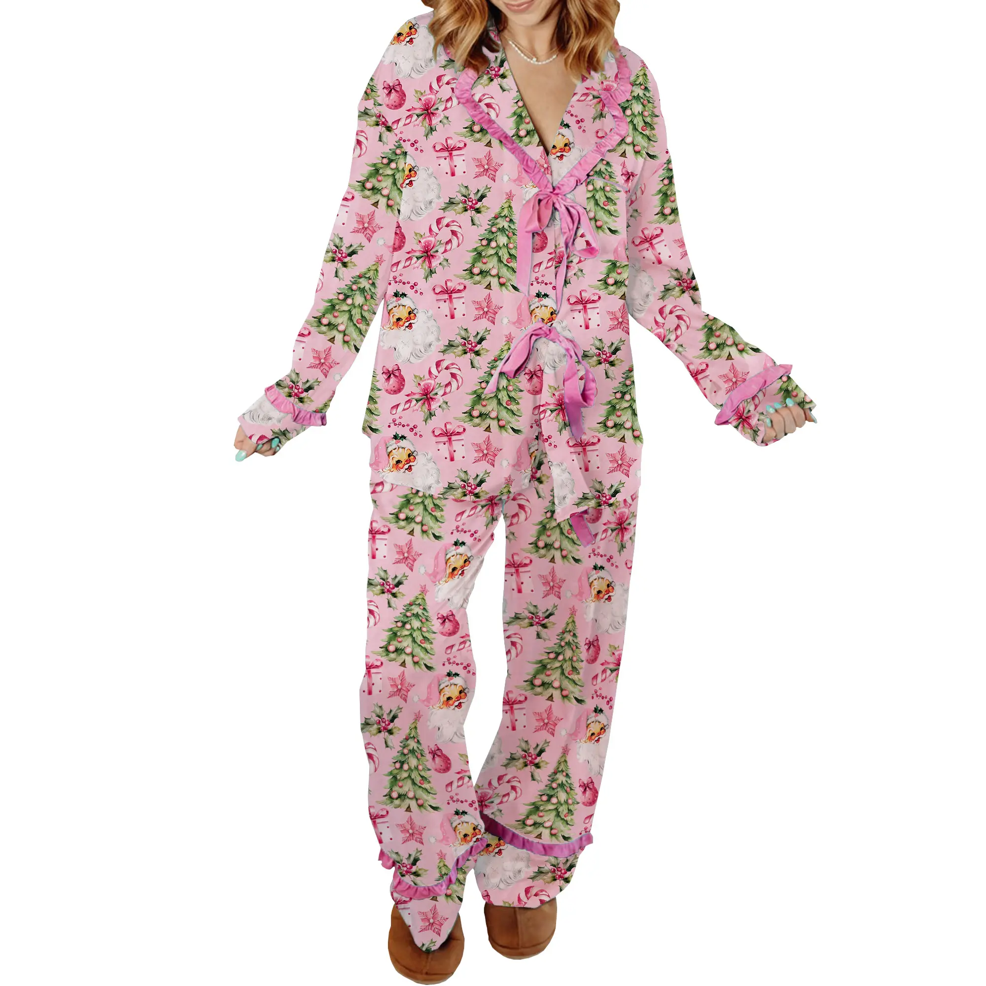 Women Ruffled Pajama Set Cartoon Print Lapel Neck Tie-up Long Sleeve Tops Long Pants 2-Piece Loungewear Outfit