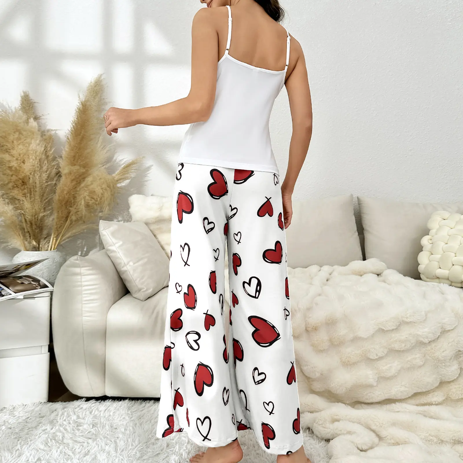 Women's Valentine's Day Loungewear Set, Heart Print Cami Tops with Elastic Waist Long Pants Sleepwear