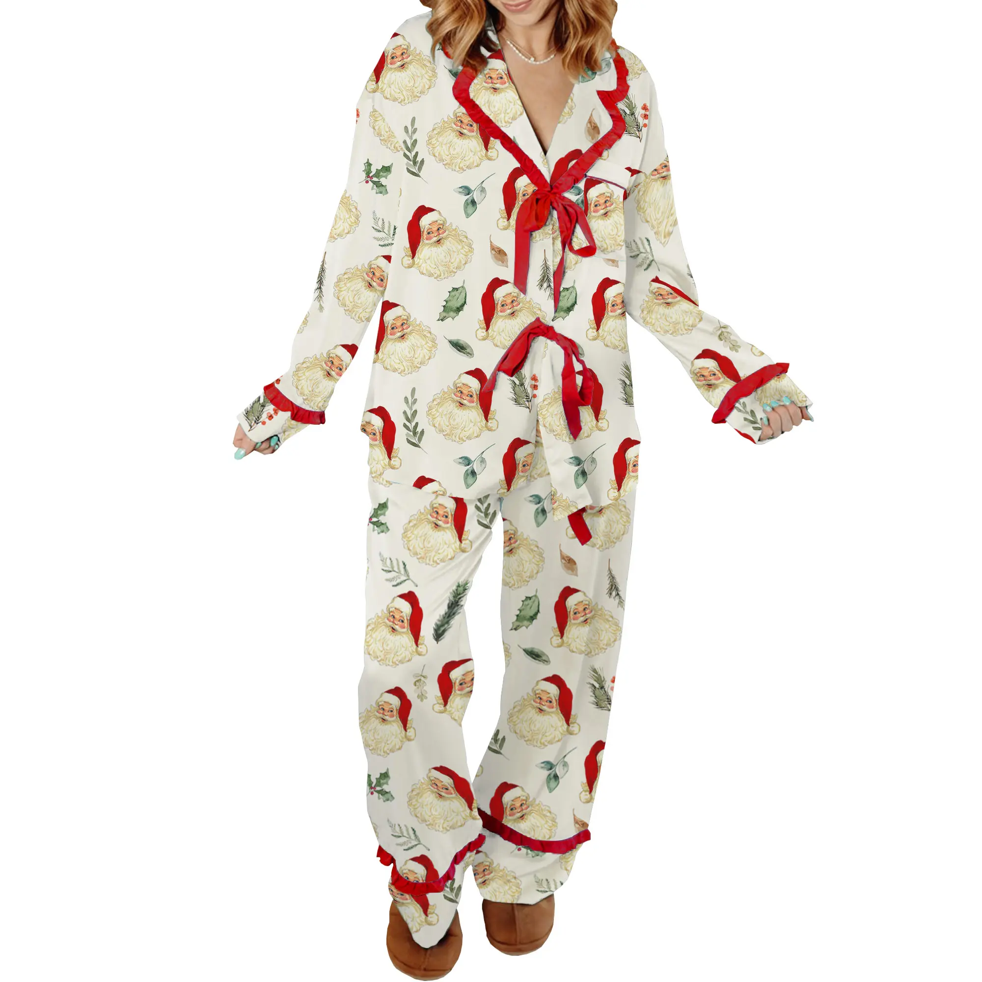 Women Ruffled Pajama Set Cartoon Print Lapel Neck Tie-up Long Sleeve Tops Long Pants 2-Piece Loungewear Outfit