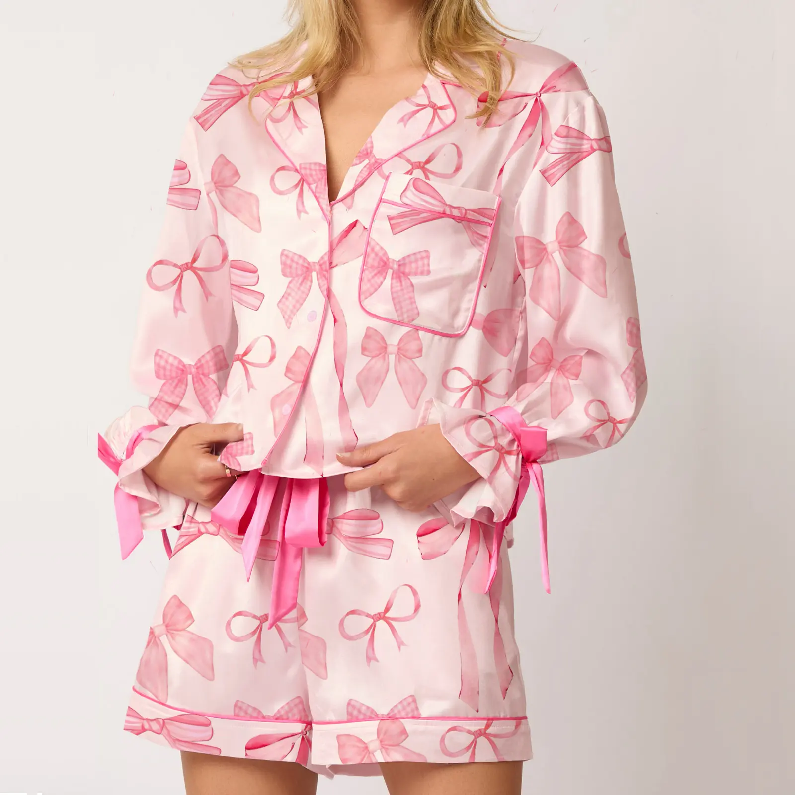 Women's Bow Print Pajama Set Long Sleeve Lapel Button Up Tops Shorts Sleepwear Sets