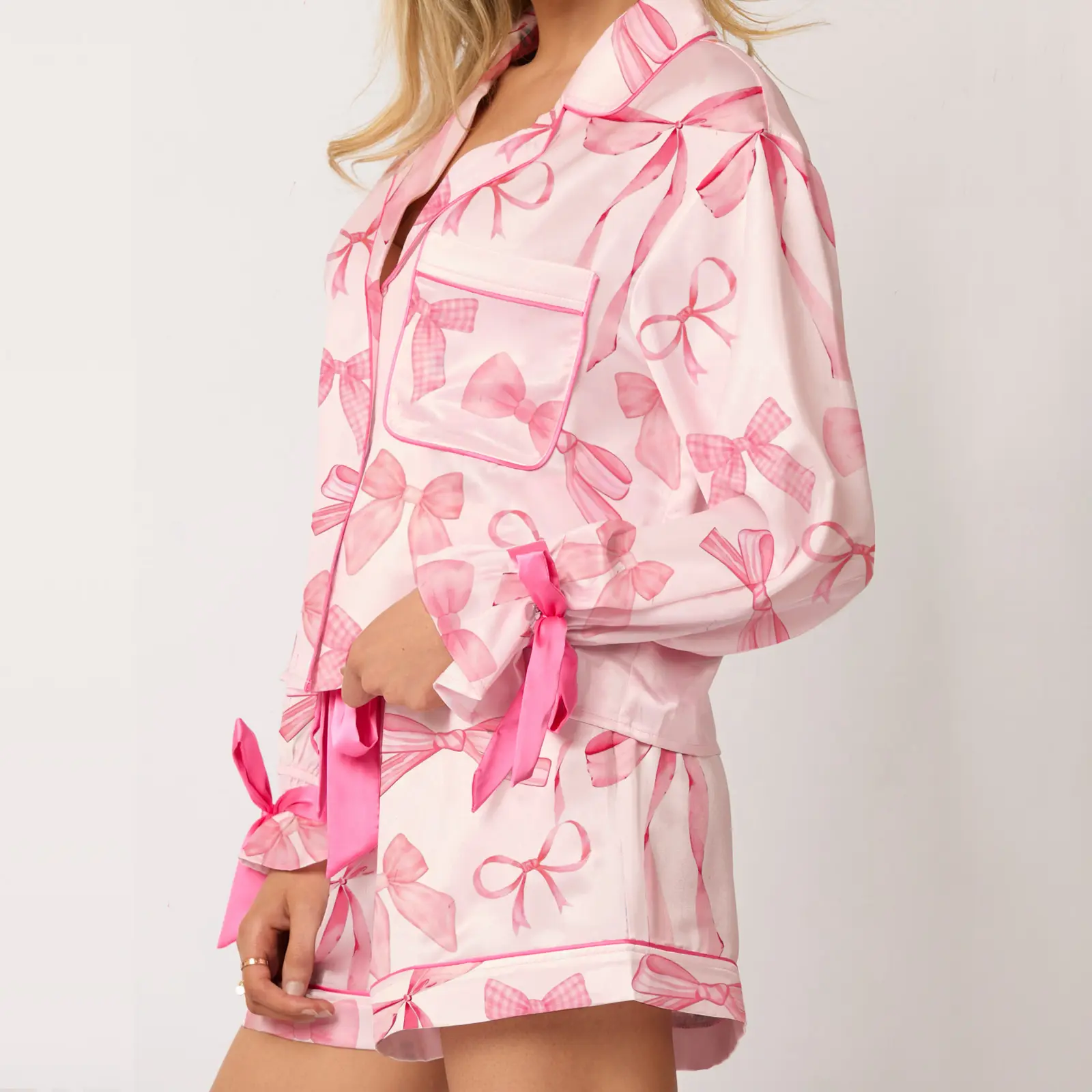 Women's Bow Print Pajama Set Long Sleeve Lapel Button Up Tops Shorts Sleepwear Sets