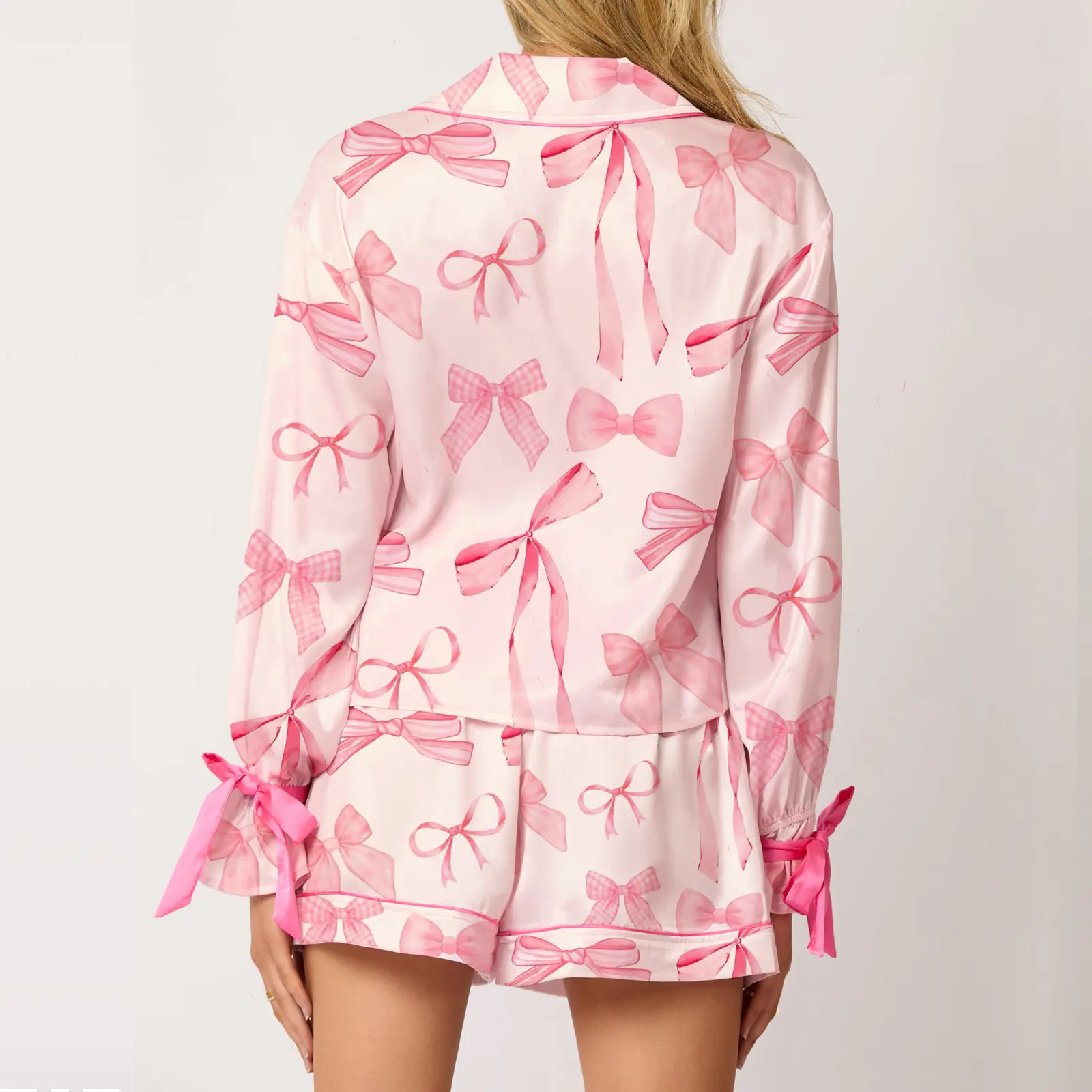 Women's Bow Print Pajama Set Long Sleeve Lapel Button Up Tops Shorts Sleepwear Sets