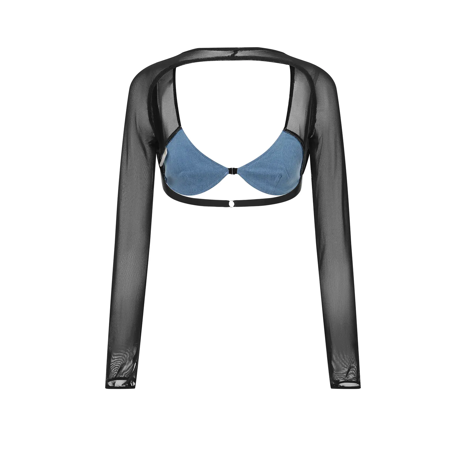Women's Summer Slim Cropped Tops Denim Sheer Mesh Long Sleeve Patchwork Show Navel T-Shirt