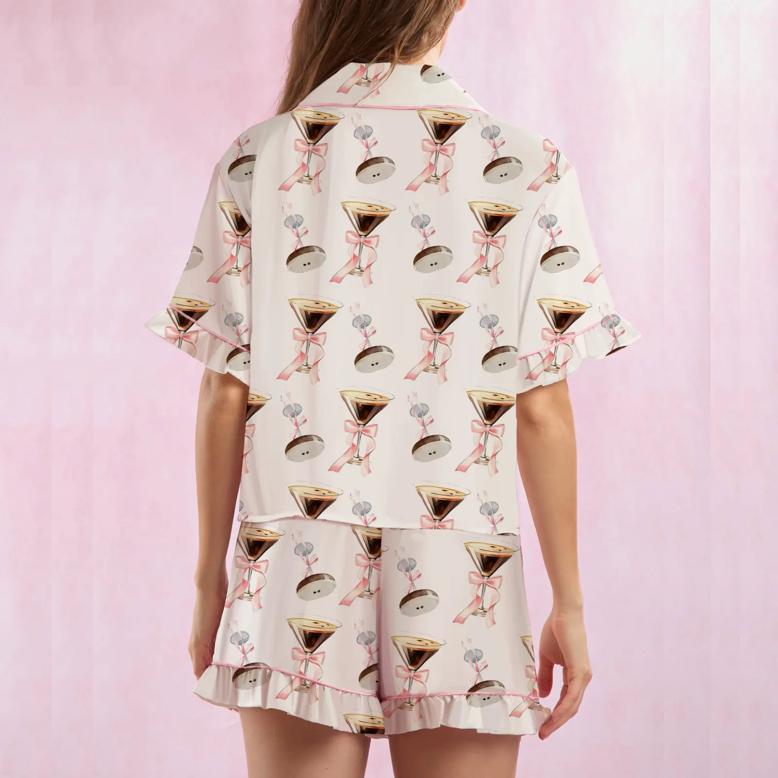 Women Pajama Shorts Set Goblet/Seashell/Boot Tie Front Short Sleeve Tops Elastic Waist Ruffle Shorts 2 Piece Sleepwear Outfit