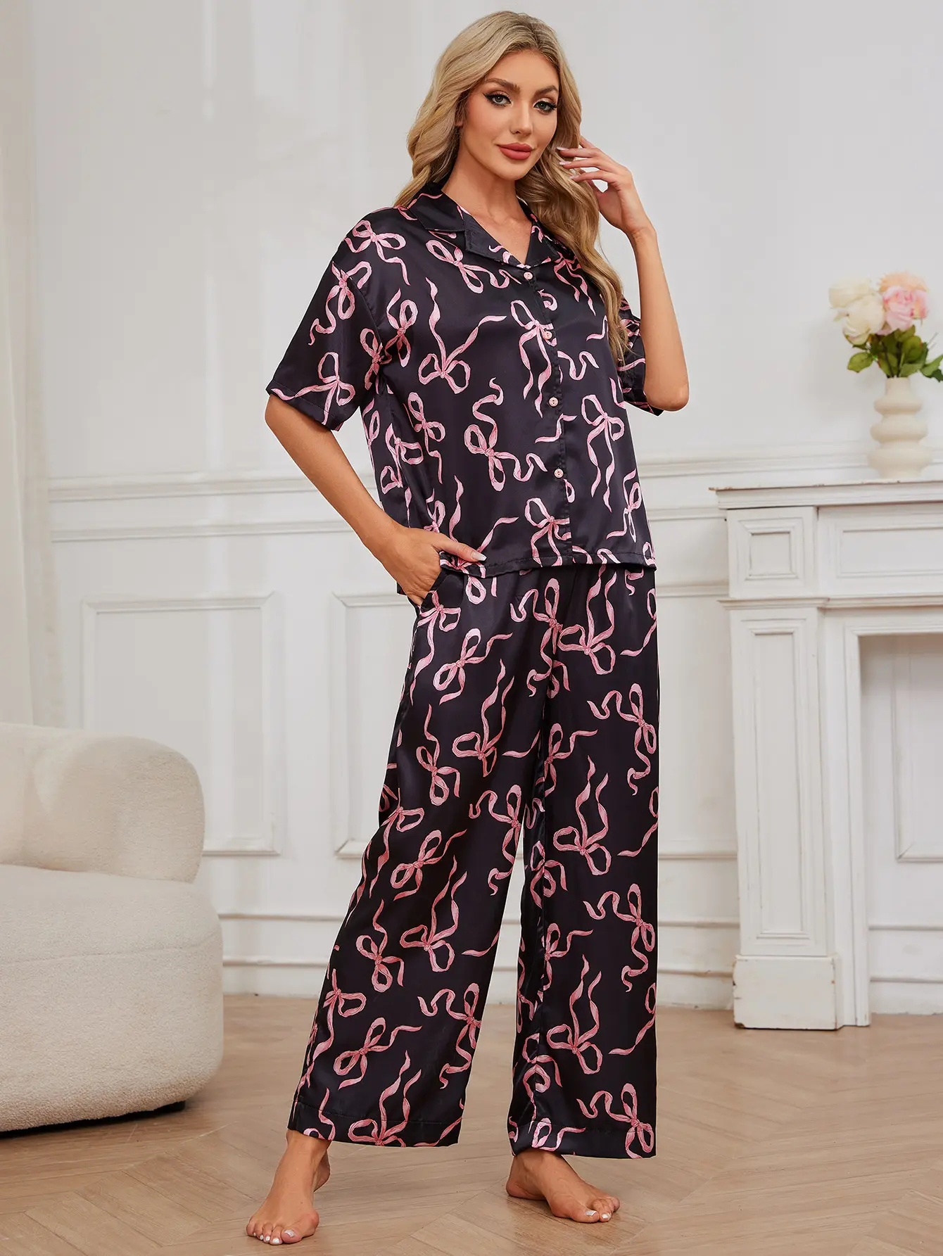 Women Pajama Set, Bow Print Short Sleeve Button Closure Shirt with Pants Sleepwear Loungewear