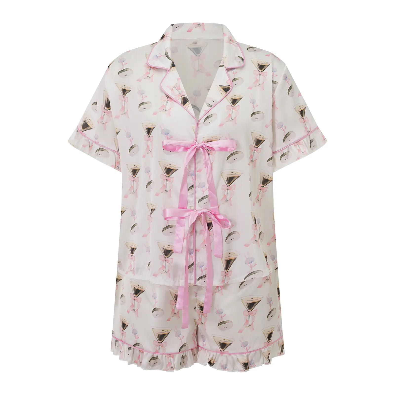 Women Pajama Shorts Set Goblet/Seashell/Boot Tie Front Short Sleeve Tops Elastic Waist Ruffle Shorts 2 Piece Sleepwear Outfit