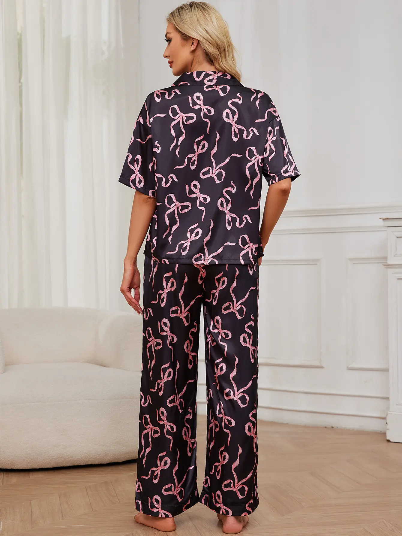 Women Pajama Set, Bow Print Short Sleeve Button Closure Shirt with Pants Sleepwear Loungewear