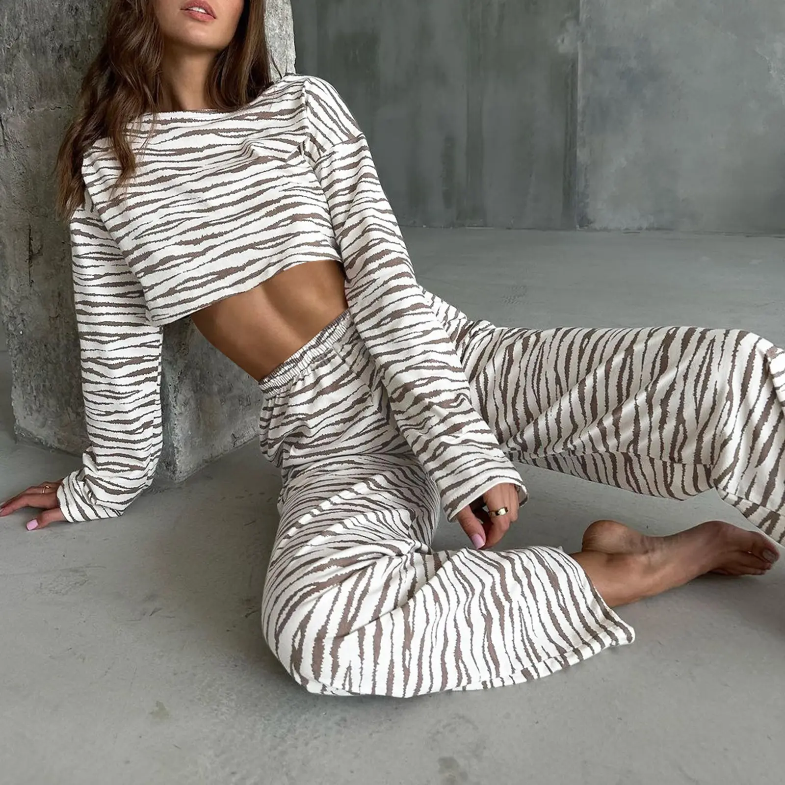 Women Pajamas Lounge Set Zebra Stripe Round Neck Long Sleeve Crop Tops and Pants 2 Piece Loungewear Outfits