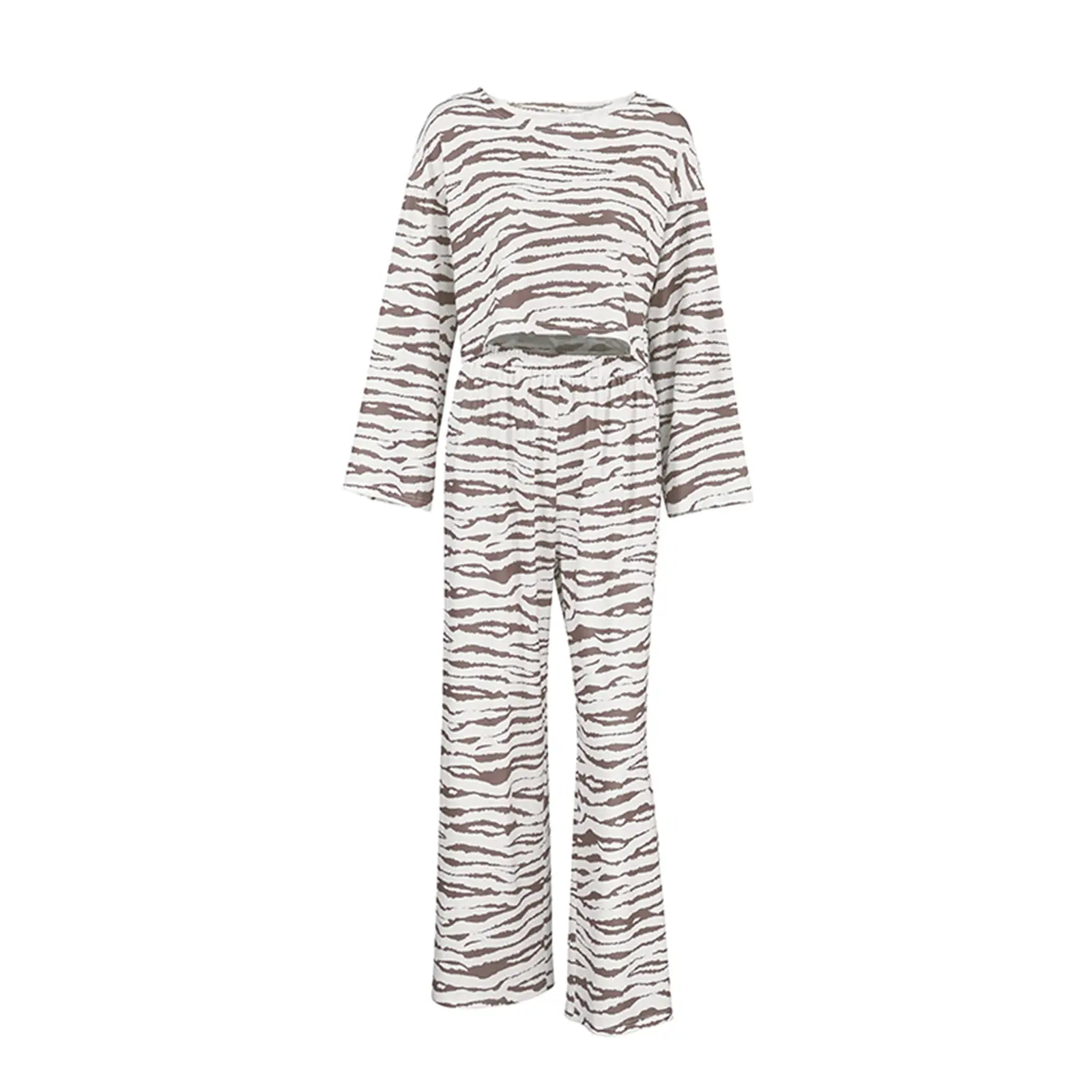 Women Pajamas Lounge Set Zebra Stripe Round Neck Long Sleeve Crop Tops and Pants 2 Piece Loungewear Outfits
