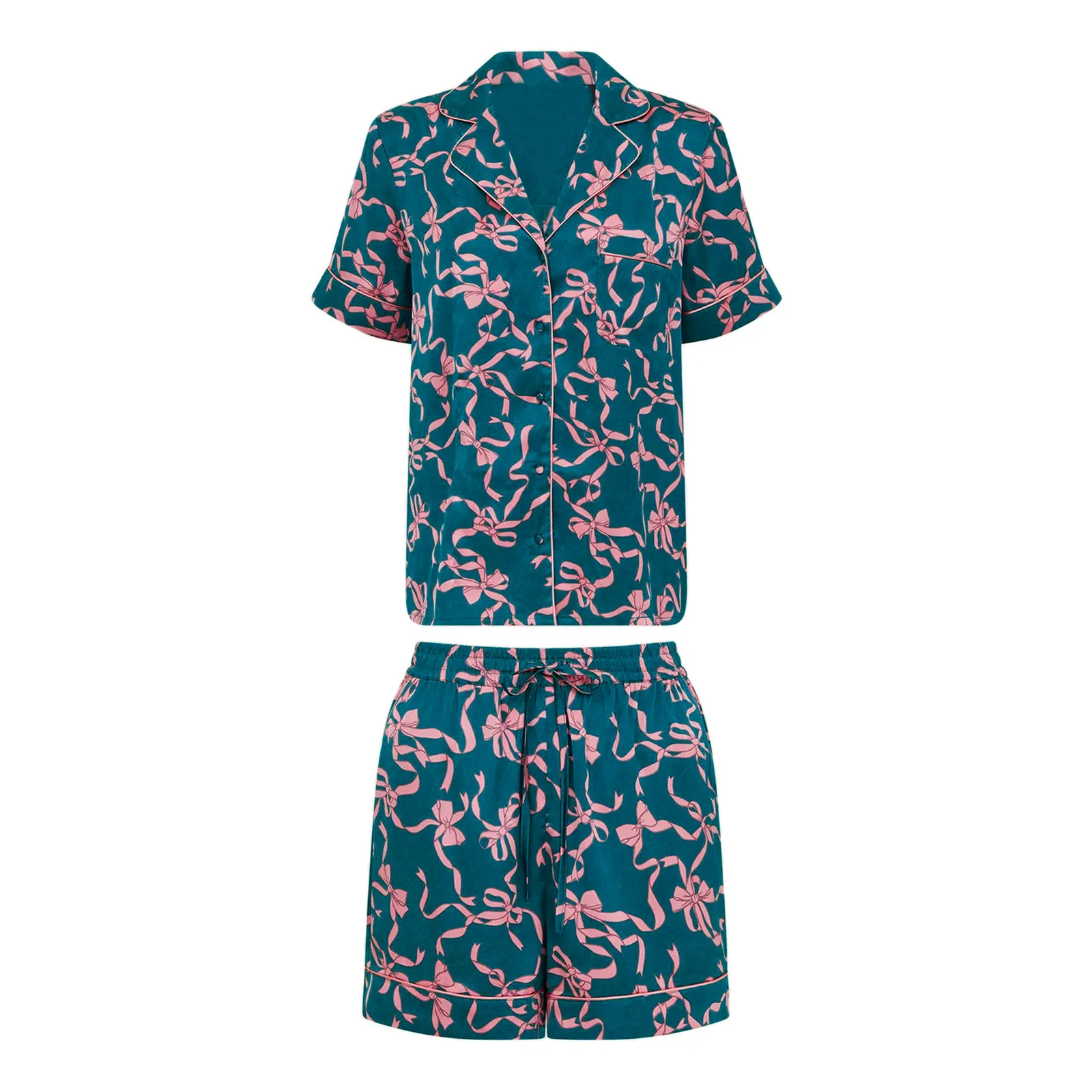 Women's 2 Piece Lounge Set Short Sleeve Lapel Bow Print Button Up Tops Shorts Sleepwear Sets