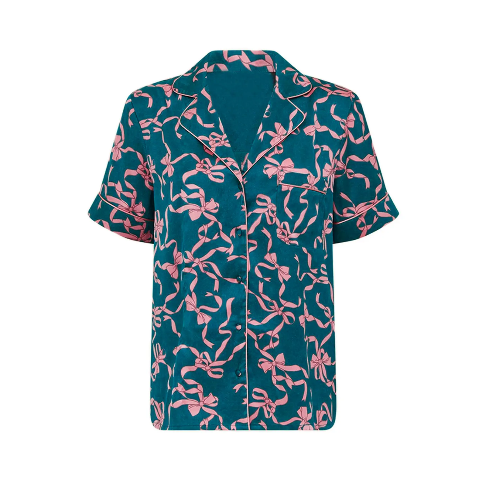 Women's 2 Piece Lounge Set Short Sleeve Lapel Bow Print Button Up Tops Shorts Sleepwear Sets