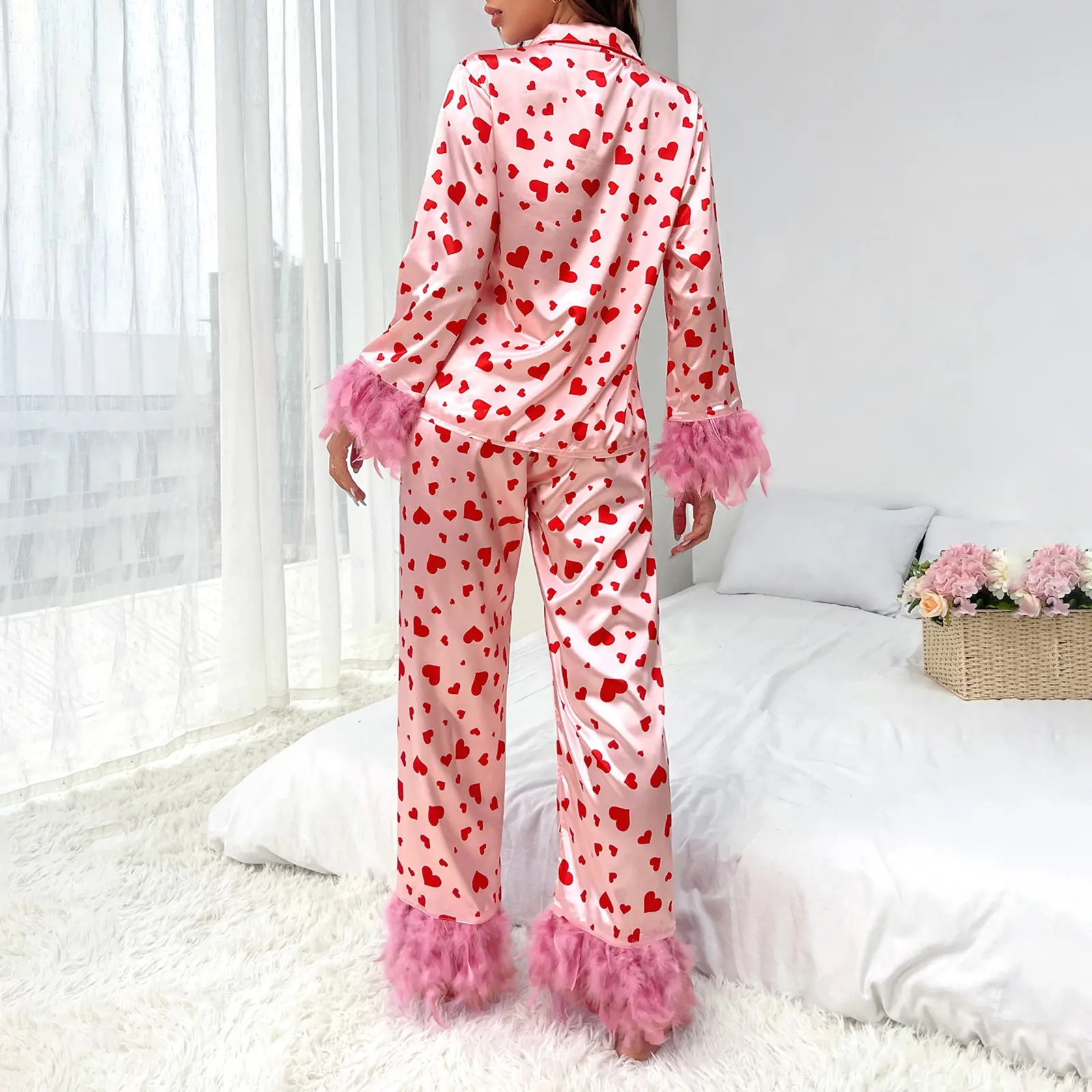 Women's Satin Loungewear Set, Heart Print Feather Cuff Long Sleeve Lapel Button Down Tops with Long Pants