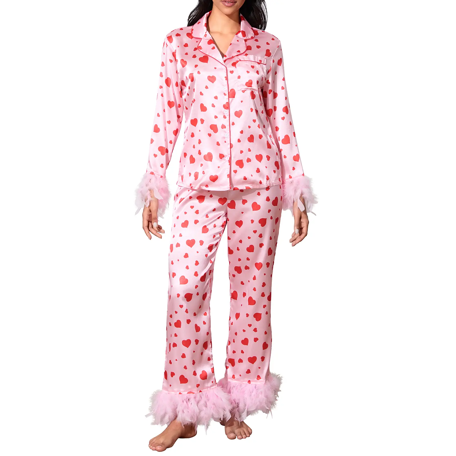 Women's Satin Loungewear Set, Heart Print Feather Cuff Long Sleeve Lapel Button Down Tops with Long Pants